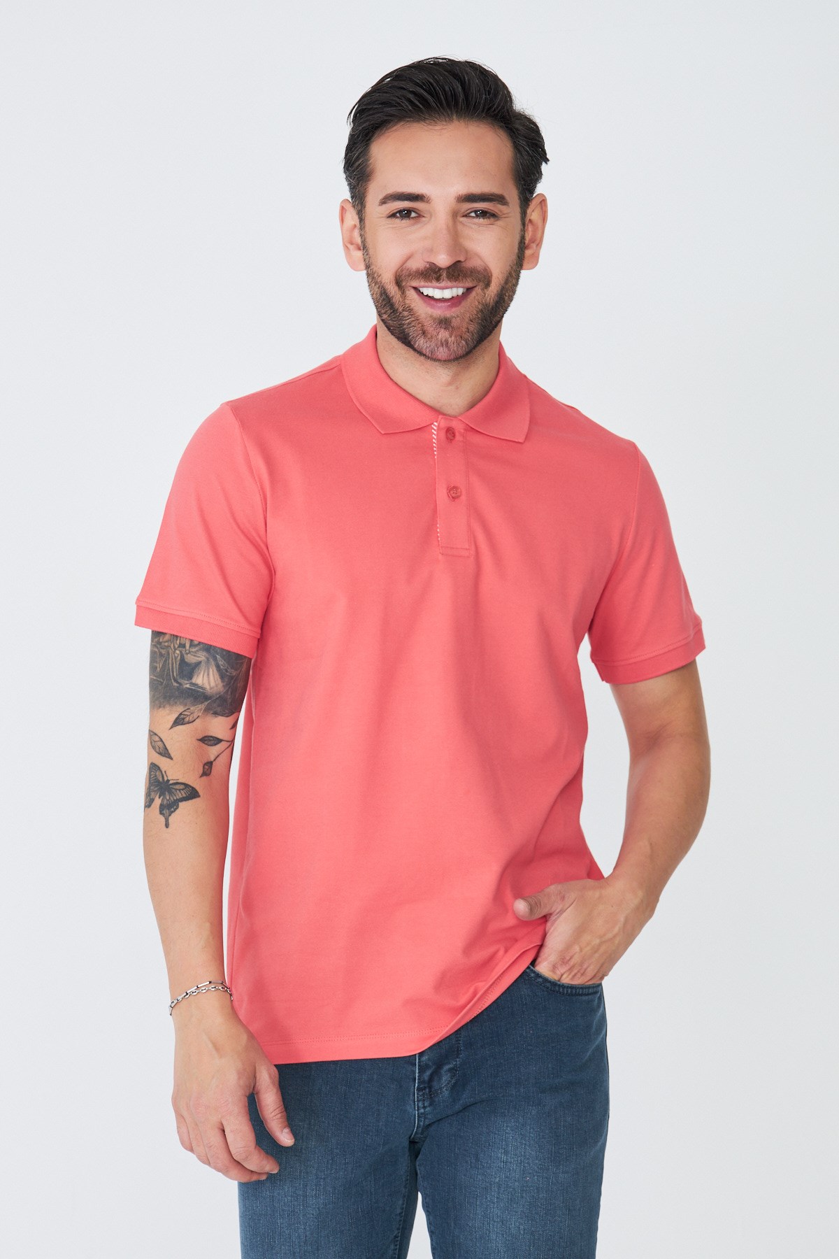 Mercan Rengi Çift Düğmeli Klasik Polo Yaka Tişört