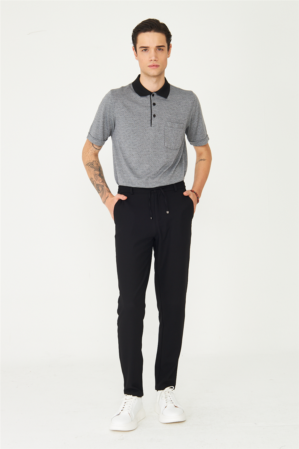Siyah Modern Kesim Bağcıklı Smart Casual Jogger Pantolon
