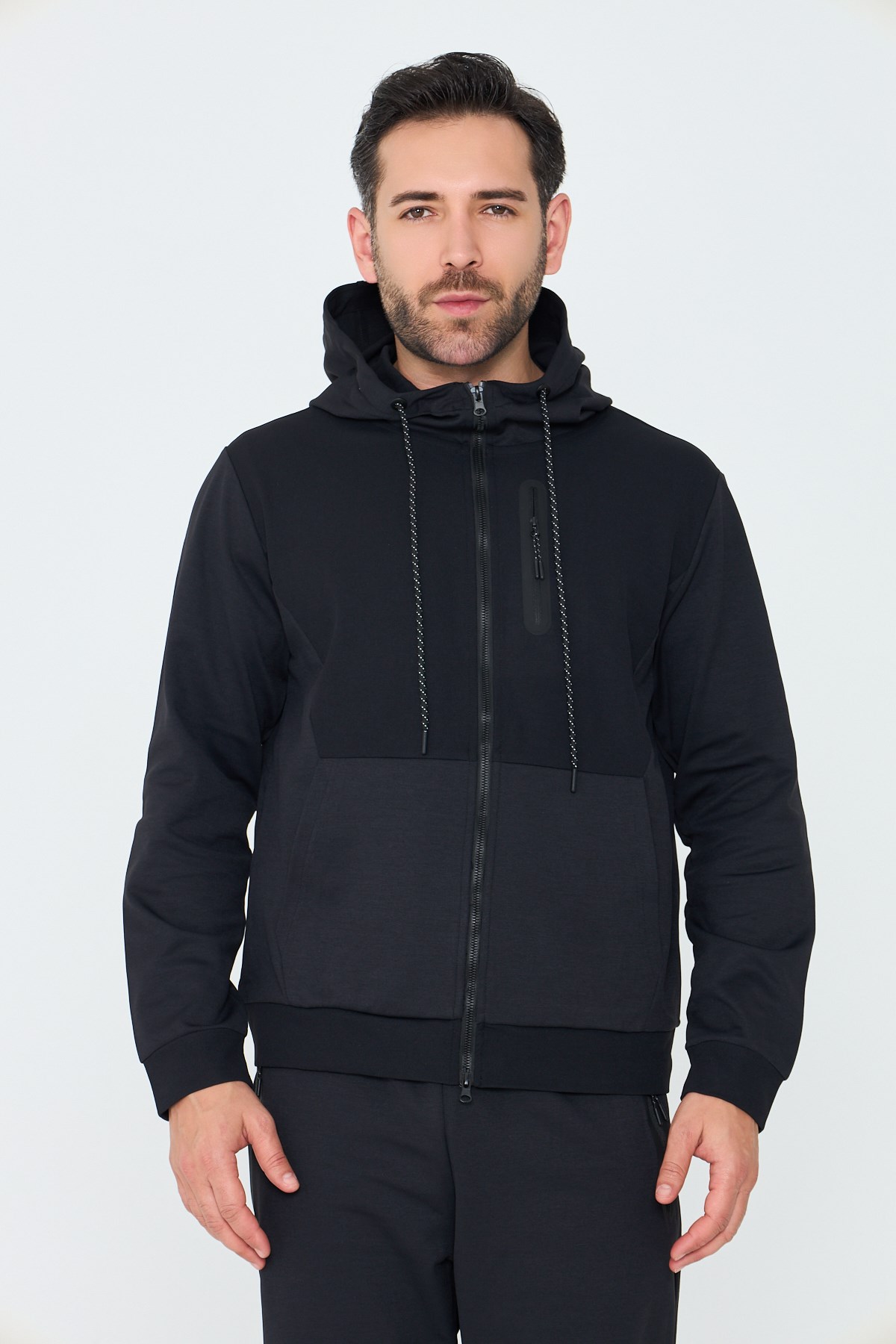 Siyah Kapüşonlu Fermuarlı Erkek Sweatshirt