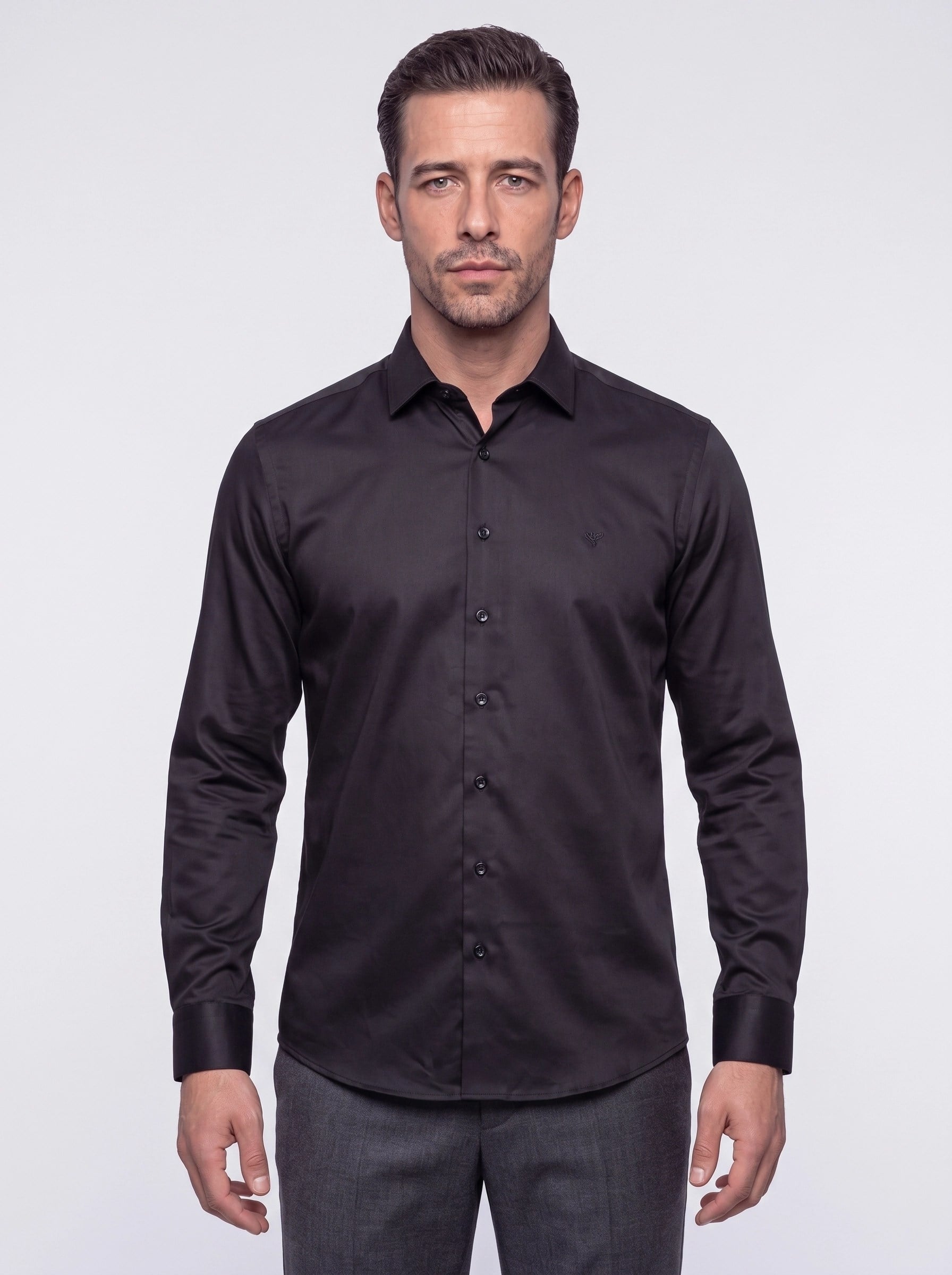 Siyah Non-Iron Pamuklu Dynamic Fit Erkek Uzun Kollu Gömlek