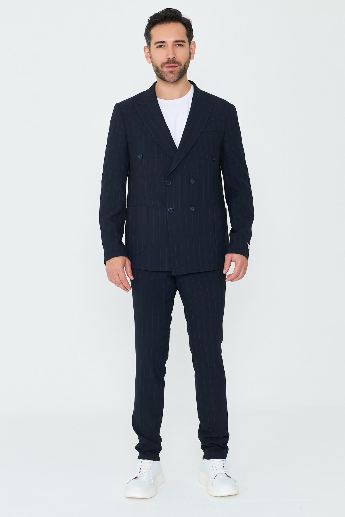 Lacivert Kruvaze İnce Çizgili 6 Drop Regular Fit Takım Elbise