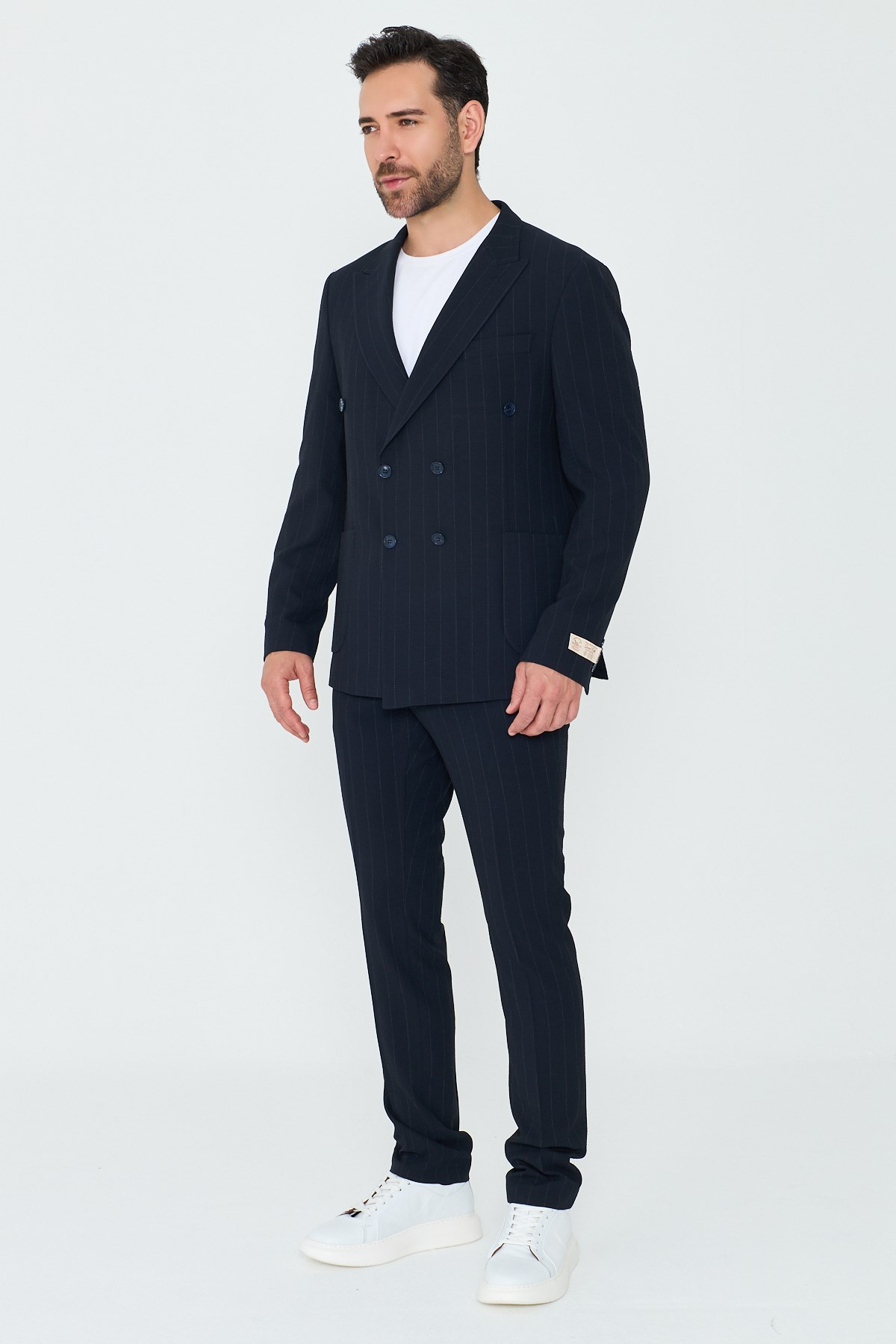 Lacivert Kruvaze İnce Çizgili 6 Drop Regular Fit Takım Elbise