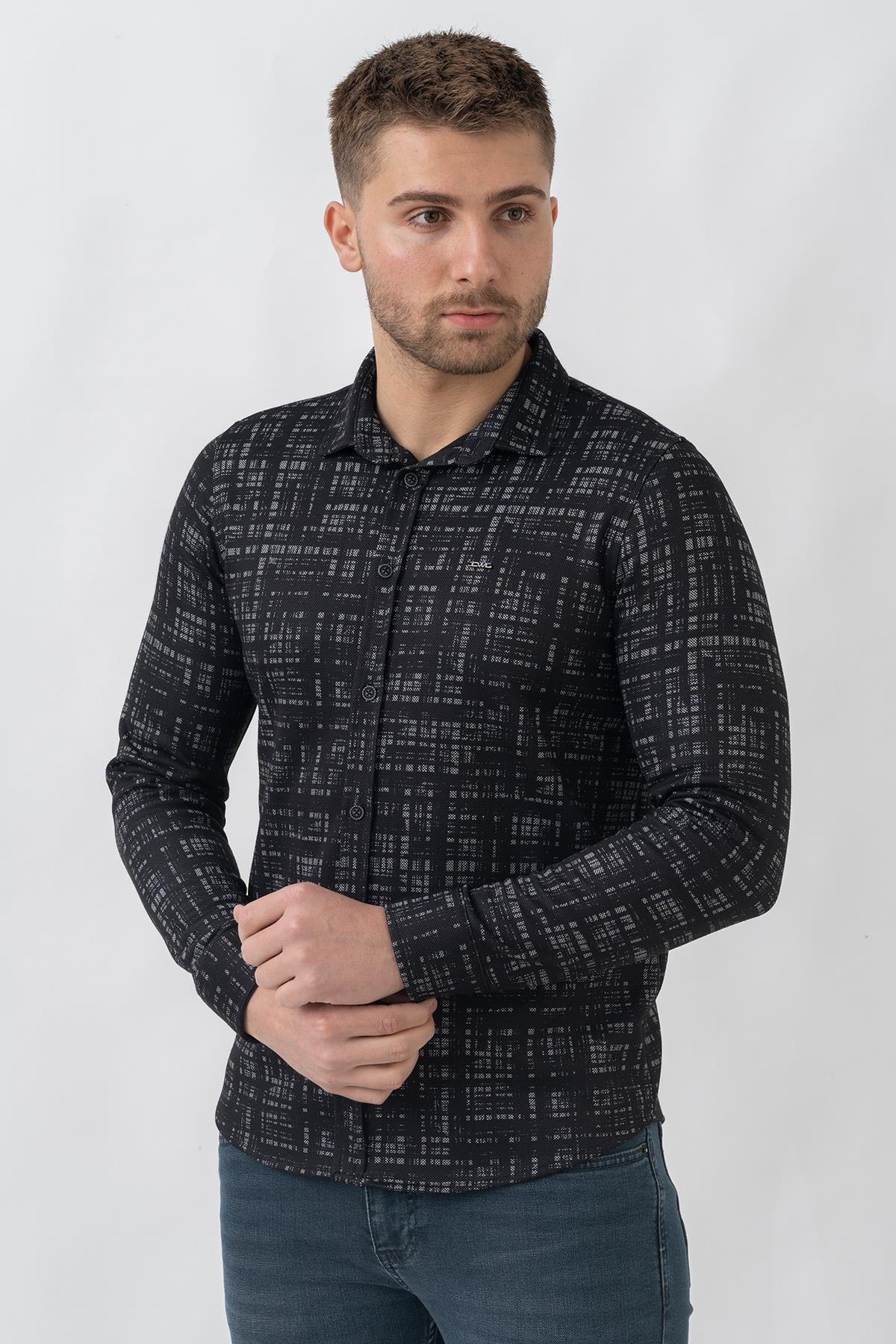 White Stone Lyon G3005 Likralı Slim Fit Örme Gömlek Siyah
