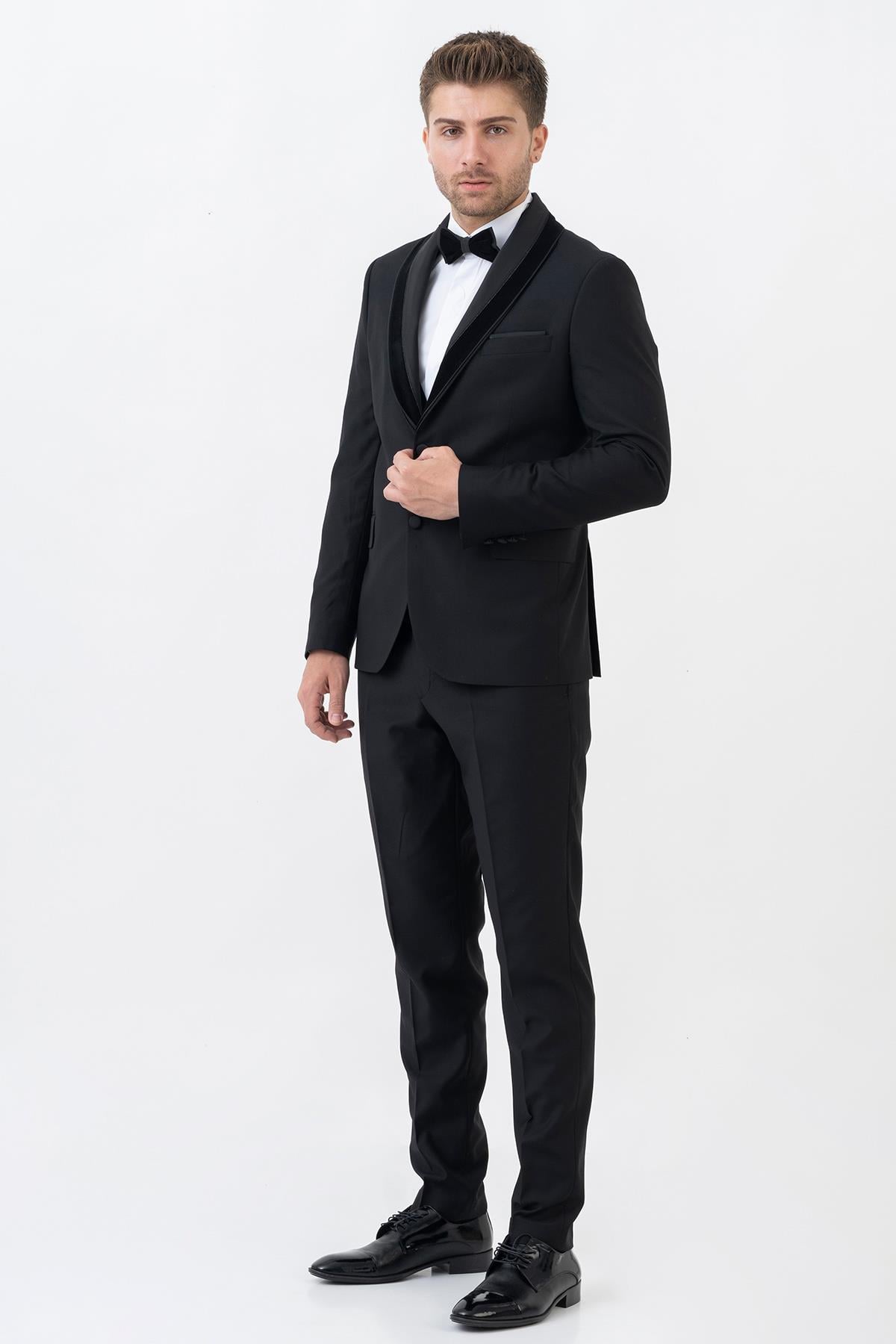 White Stone Meksiko D112 Şal Yaka Slim Fit Damatlık Takım Elbise Siyah
