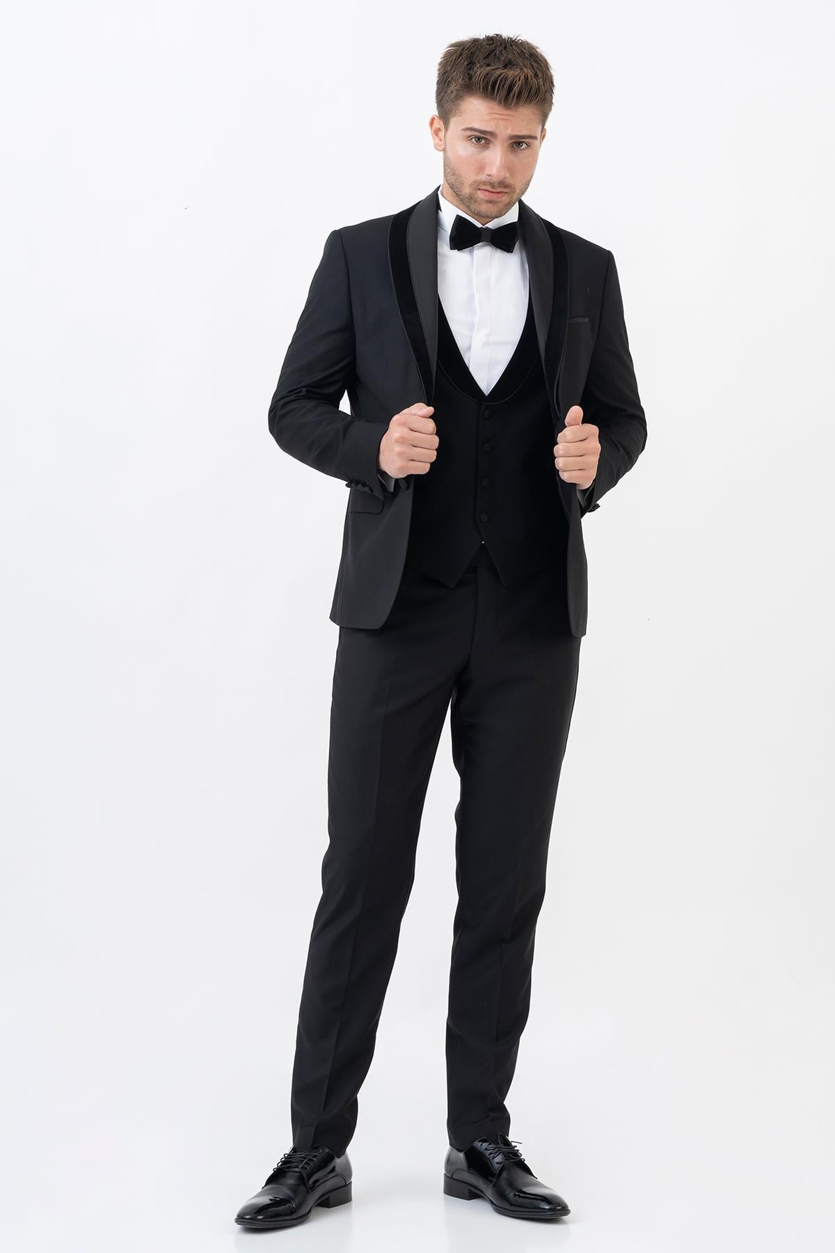 White Stone Meksiko D112 Şal Yaka Slim Fit Damatlık Takım Elbise Siyah