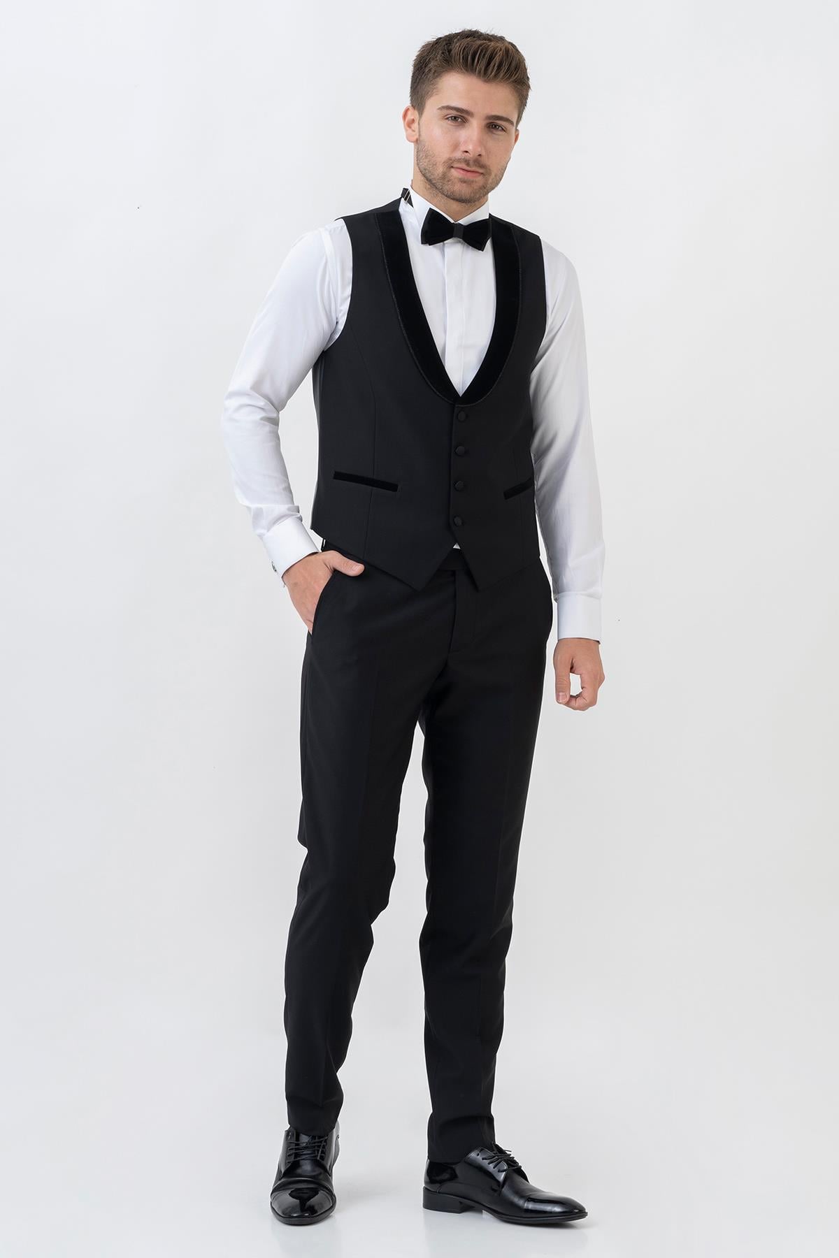 White Stone Meksiko D112 Şal Yaka Slim Fit Damatlık Takım Elbise Siyah
