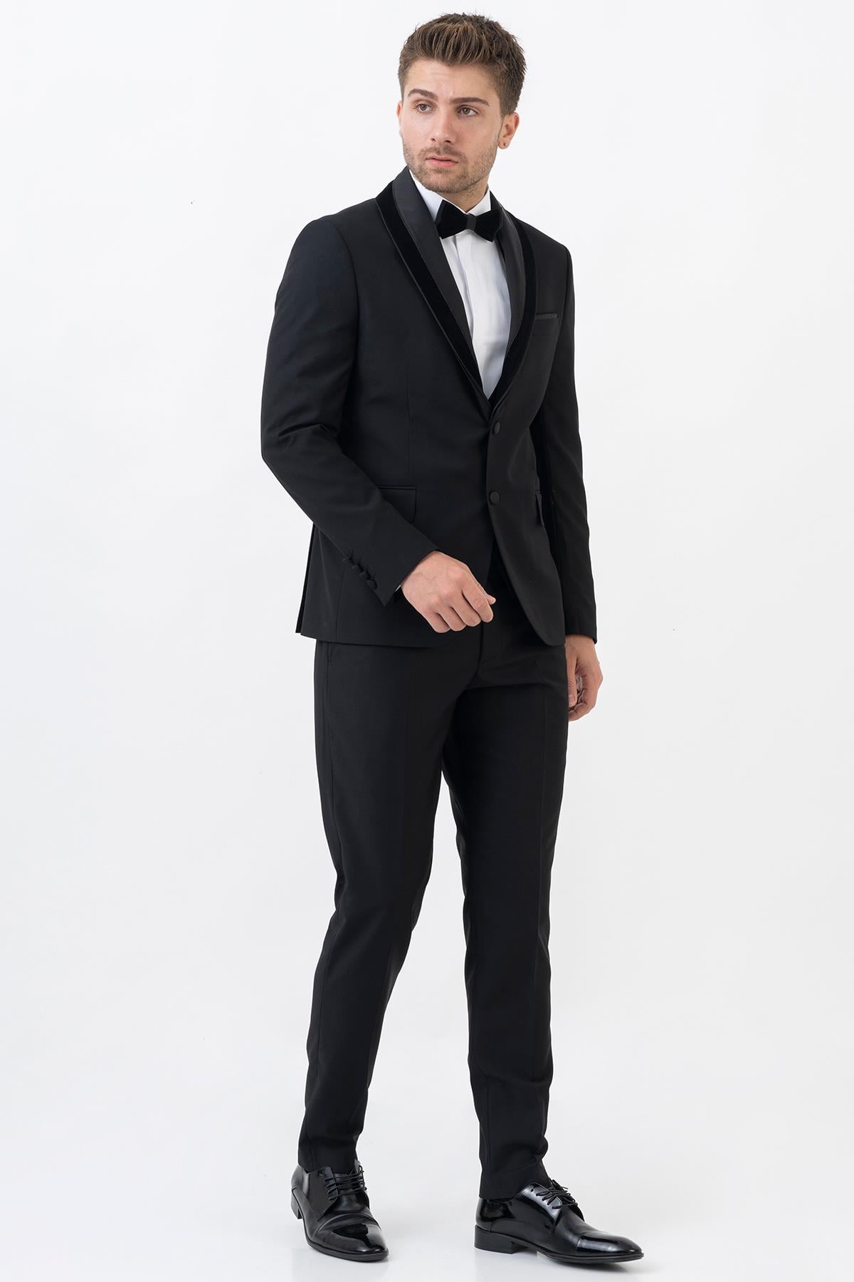 White Stone Meksiko D112 Şal Yaka Slim Fit Damatlık Takım Elbise Siyah