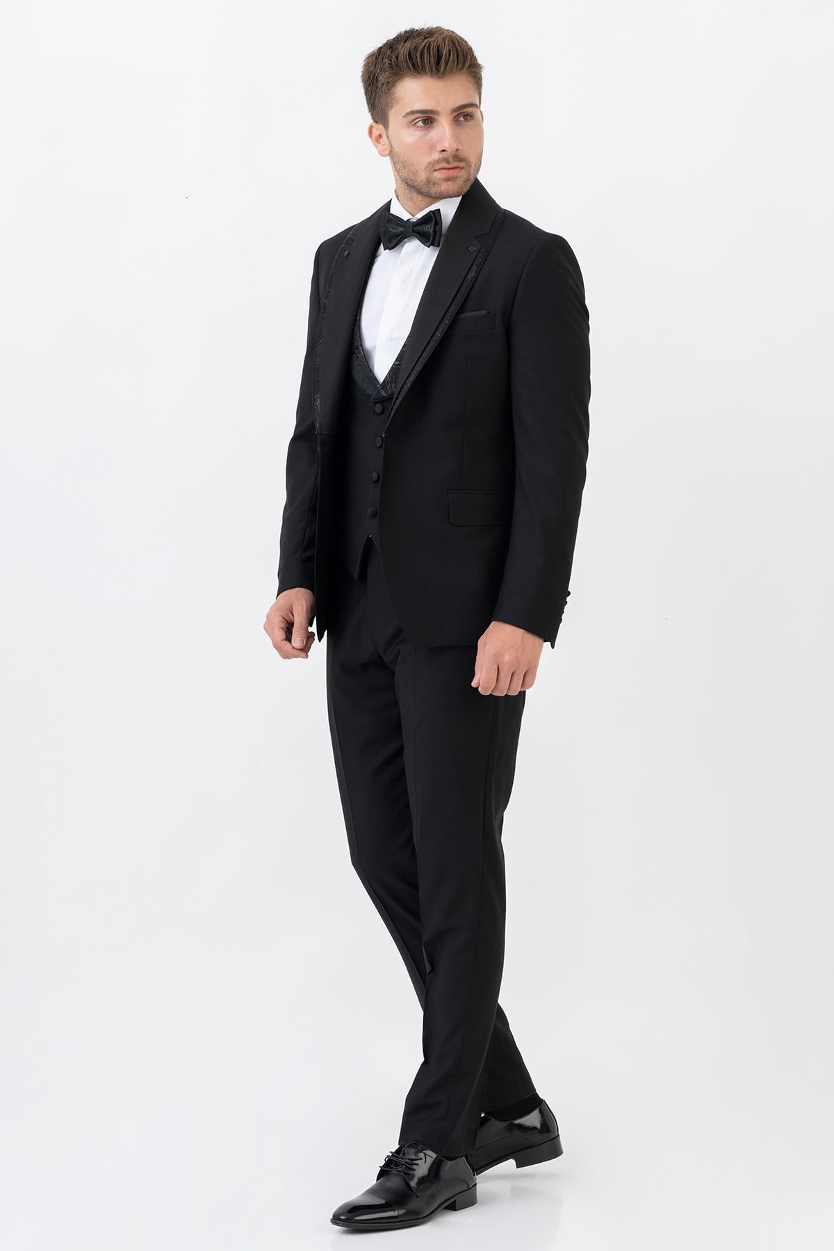 White Stone Ecatepec D113 Slim Fit Şal Yaka Damatlık Takım Elbise Siyah
