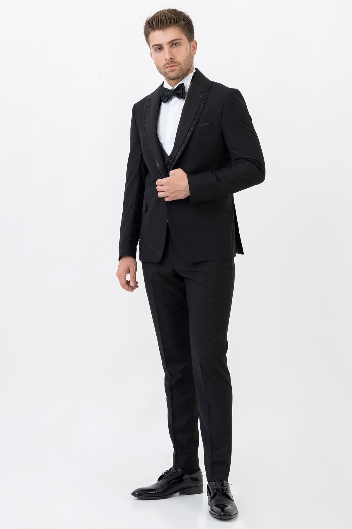 White Stone Ecatepec D113 Slim Fit Şal Yaka Damatlık Takım Elbise Siyah