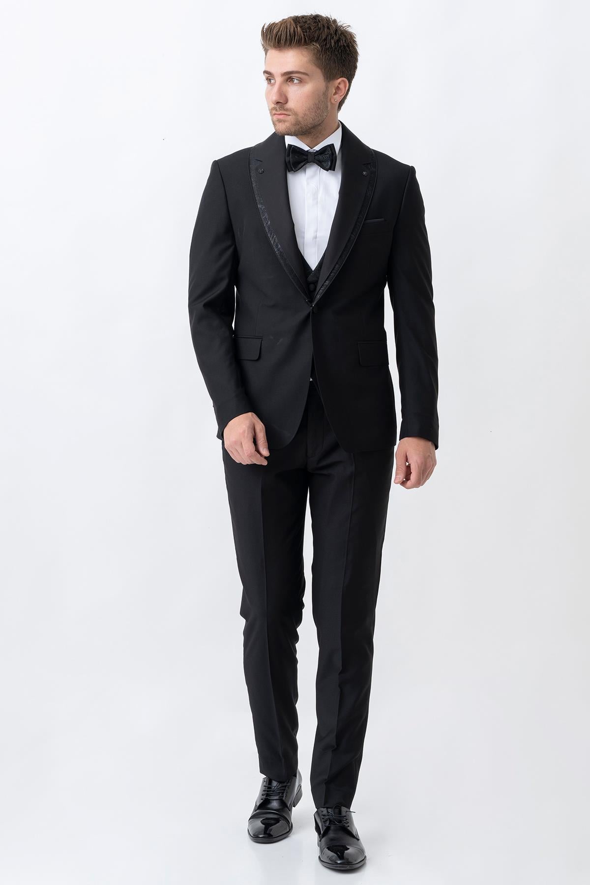 White Stone Ecatepec D113 Slim Fit Şal Yaka Damatlık Takım Elbise Siyah