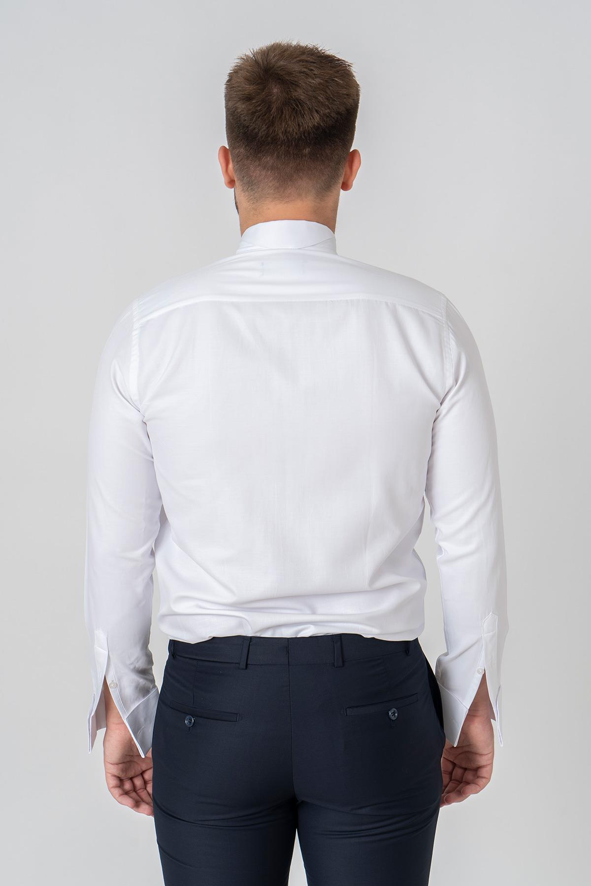Beyaz Slim Fit Esnek Likralı Ata Yaka Pamuklu Gömlek