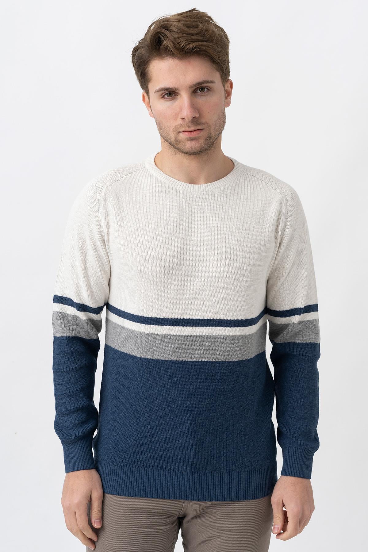 White Stone Medellín 10195 Slim Fit Bisiklet Yaka Triko Ekru Gri İndigo