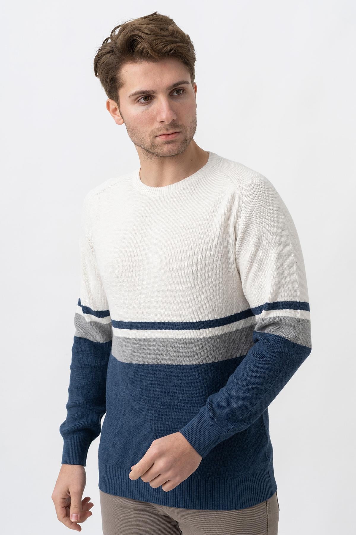 White Stone Medellín 10195 Slim Fit Bisiklet Yaka Triko Ekru Gri İndigo