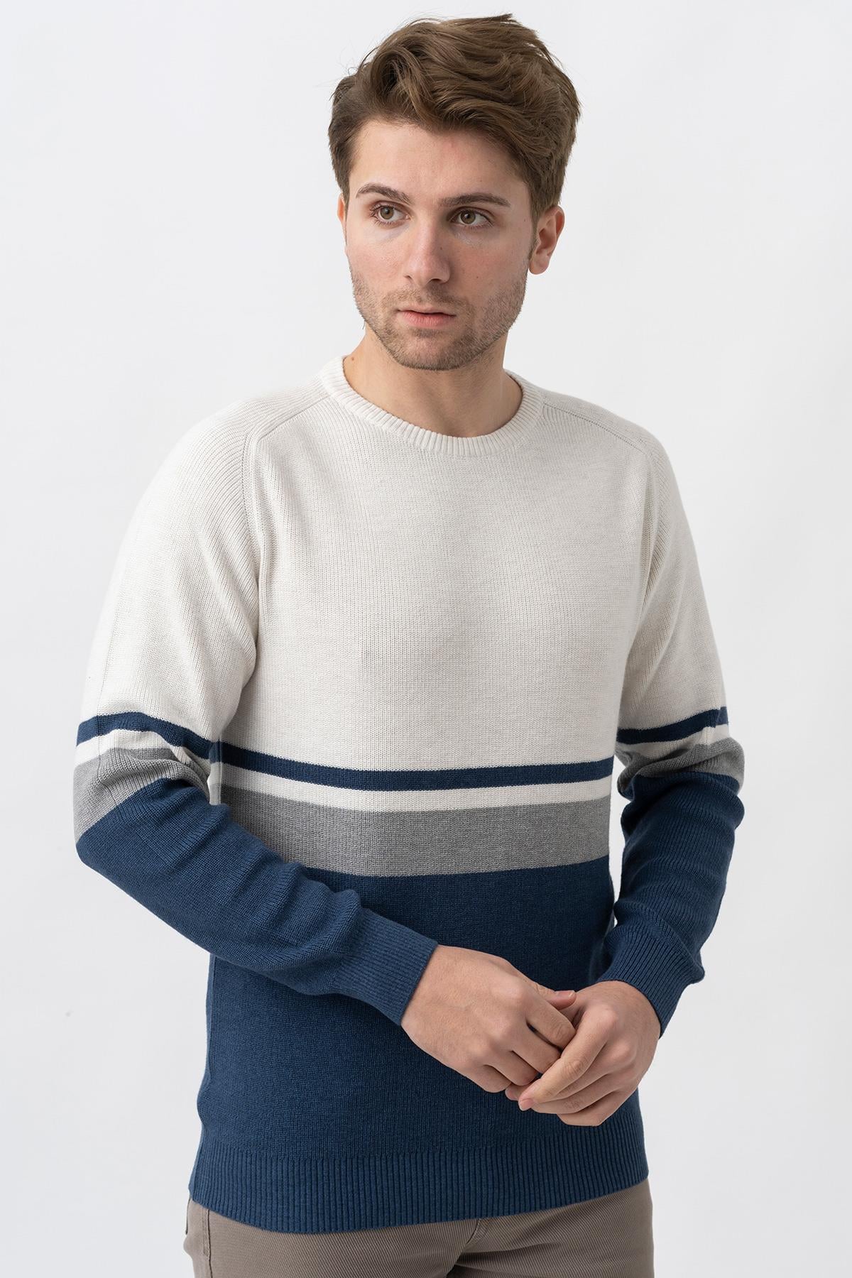 White Stone Medellín 10195 Slim Fit Bisiklet Yaka Triko Ekru Gri İndigo