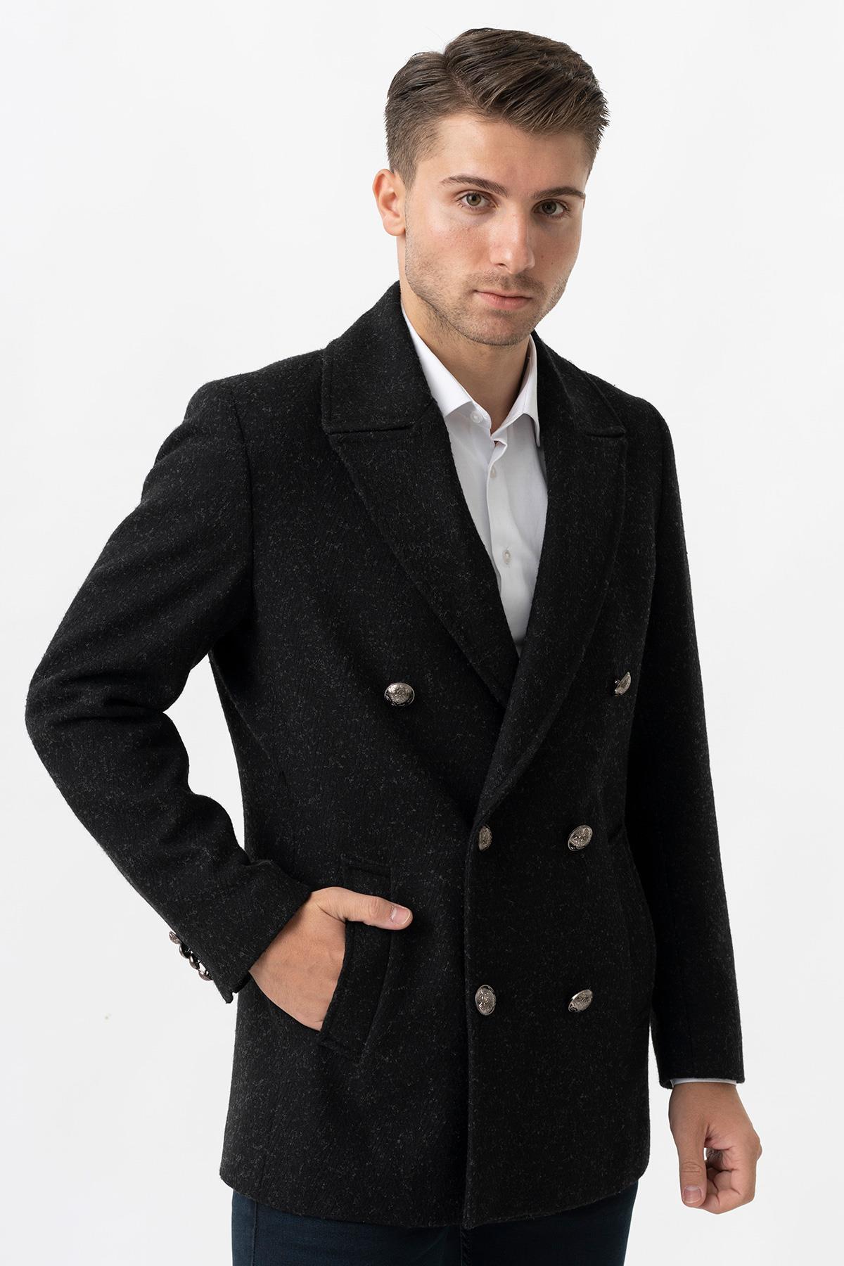 White Stone Trento K290 Kruvaze Yaka Slim Fit Pamuklu Kaban Siyah