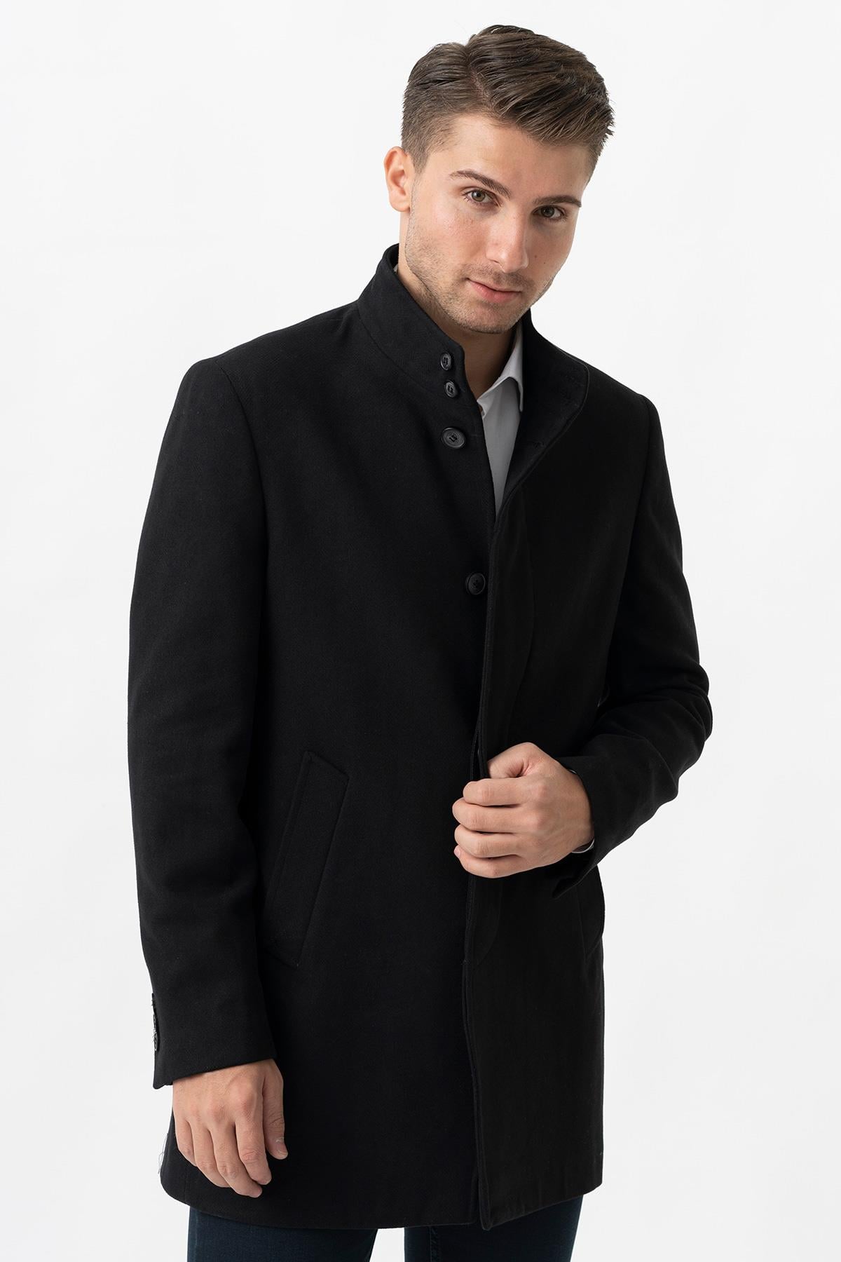 White Stone Treviso 4021 Slim Fit Pamuklu Hakim Yaka Palto Siyah