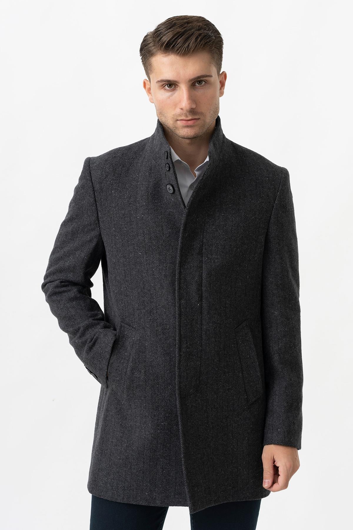 White Stone Treviso 4021 Slim Fit Pamuklu Hakim Yaka Palto Füme