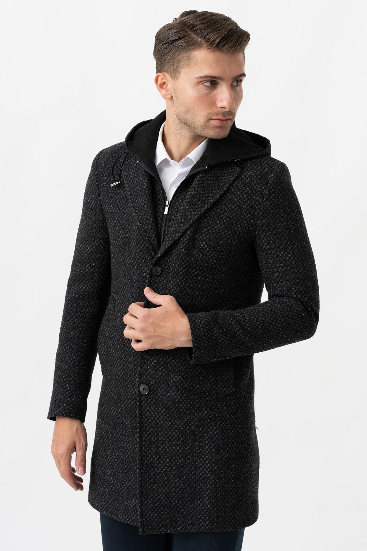 White Stone Ancona 4024  Slim Fit Kapüşonlu Ceket Yaka Pamuklu Kaban Siyah