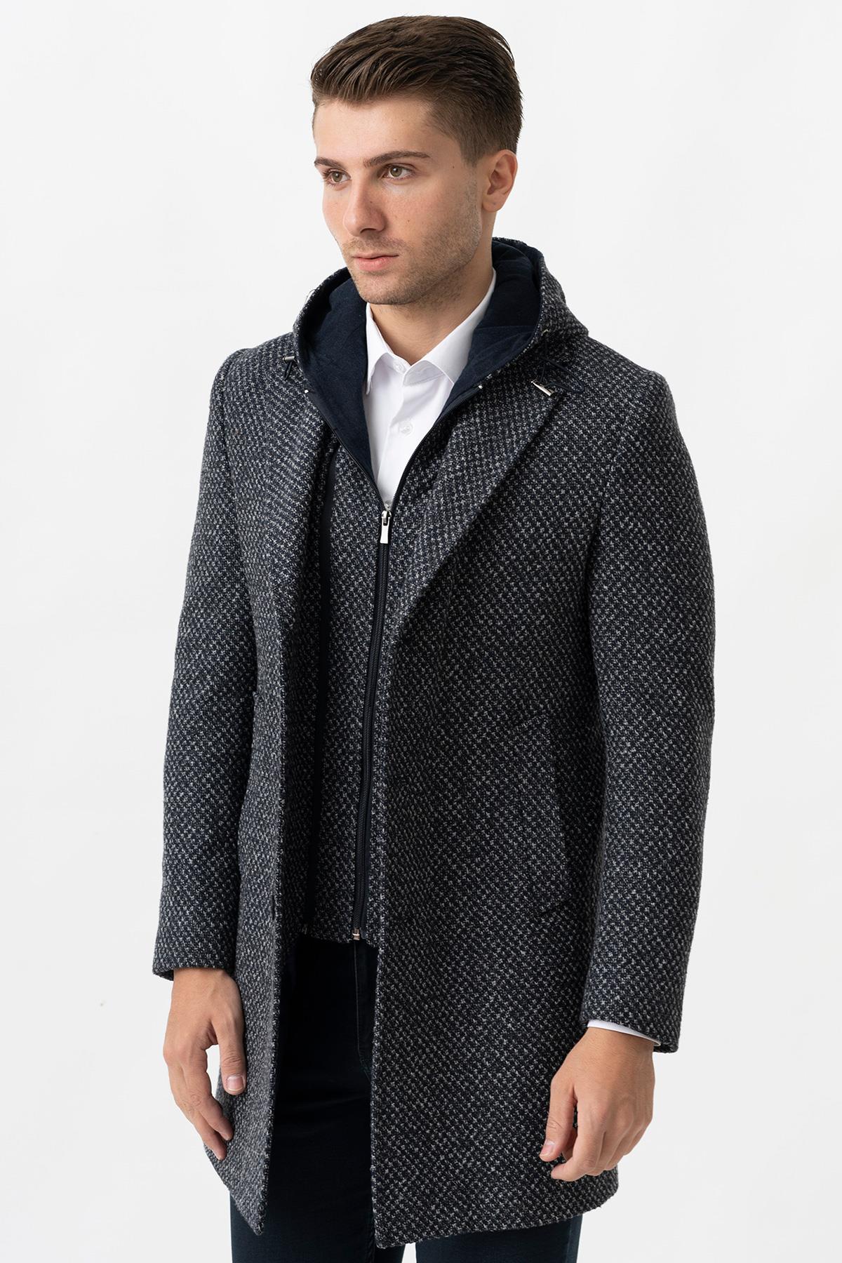White Stone Ancona 4024  Slim Fit Kapüşonlu Ceket Yaka Pamuklu Kaban İndigo 