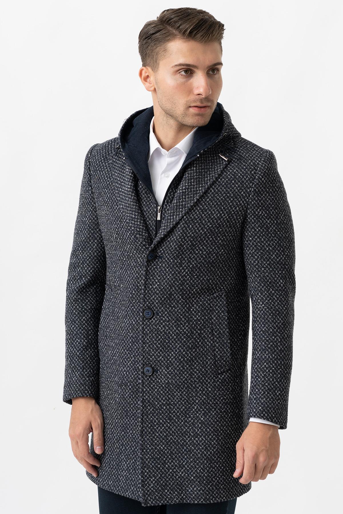 White Stone Ancona 4024  Slim Fit Kapüşonlu Ceket Yaka Pamuklu Kaban İndigo 