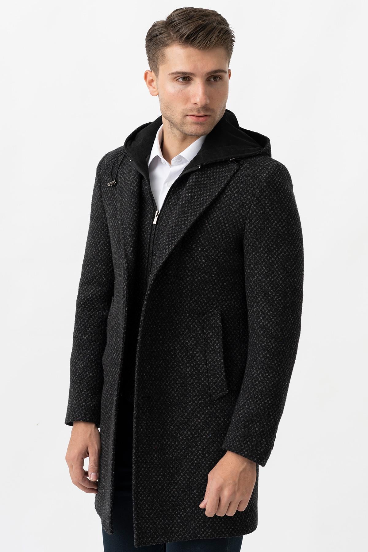 White Stone Ancona 4024  Slim Fit Kapüşonlu Ceket Yaka Pamuklu Kaban Siyah