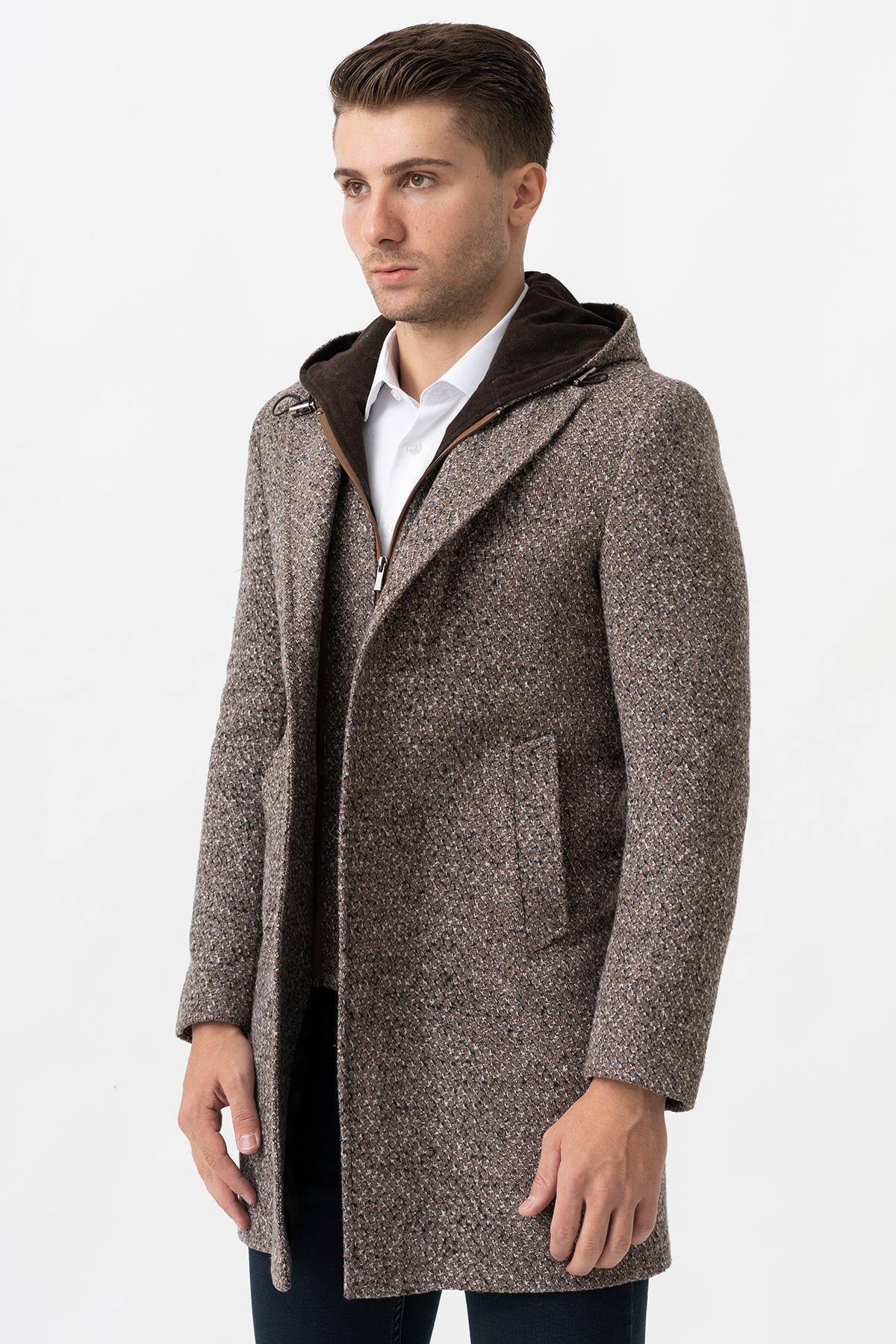 White Stone Ancona 4024  Slim Fit Kapüşonlu Ceket Yaka Pamuklu Kaban Kahve