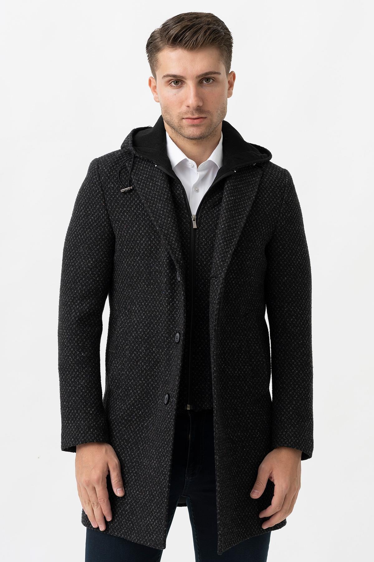White Stone Ancona 4024  Slim Fit Kapüşonlu Ceket Yaka Pamuklu Kaban Siyah