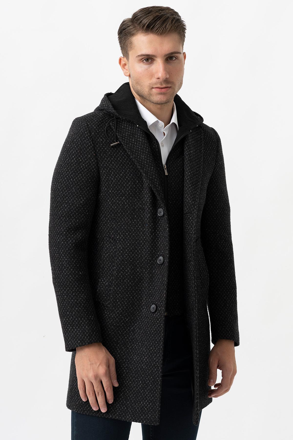 White Stone Ancona 4024  Slim Fit Kapüşonlu Ceket Yaka Pamuklu Kaban Siyah