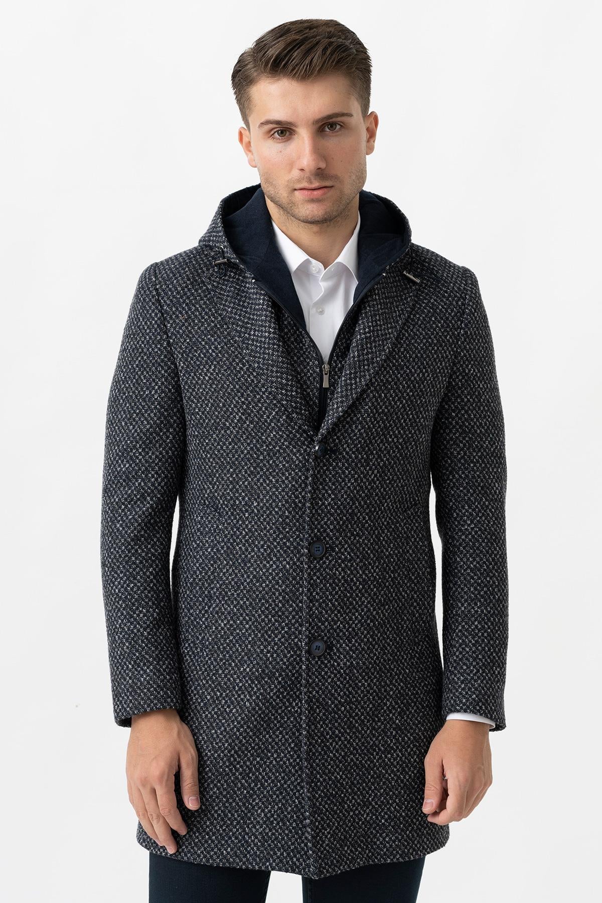 White Stone Ancona 4024  Slim Fit Kapüşonlu Ceket Yaka Pamuklu Kaban İndigo 