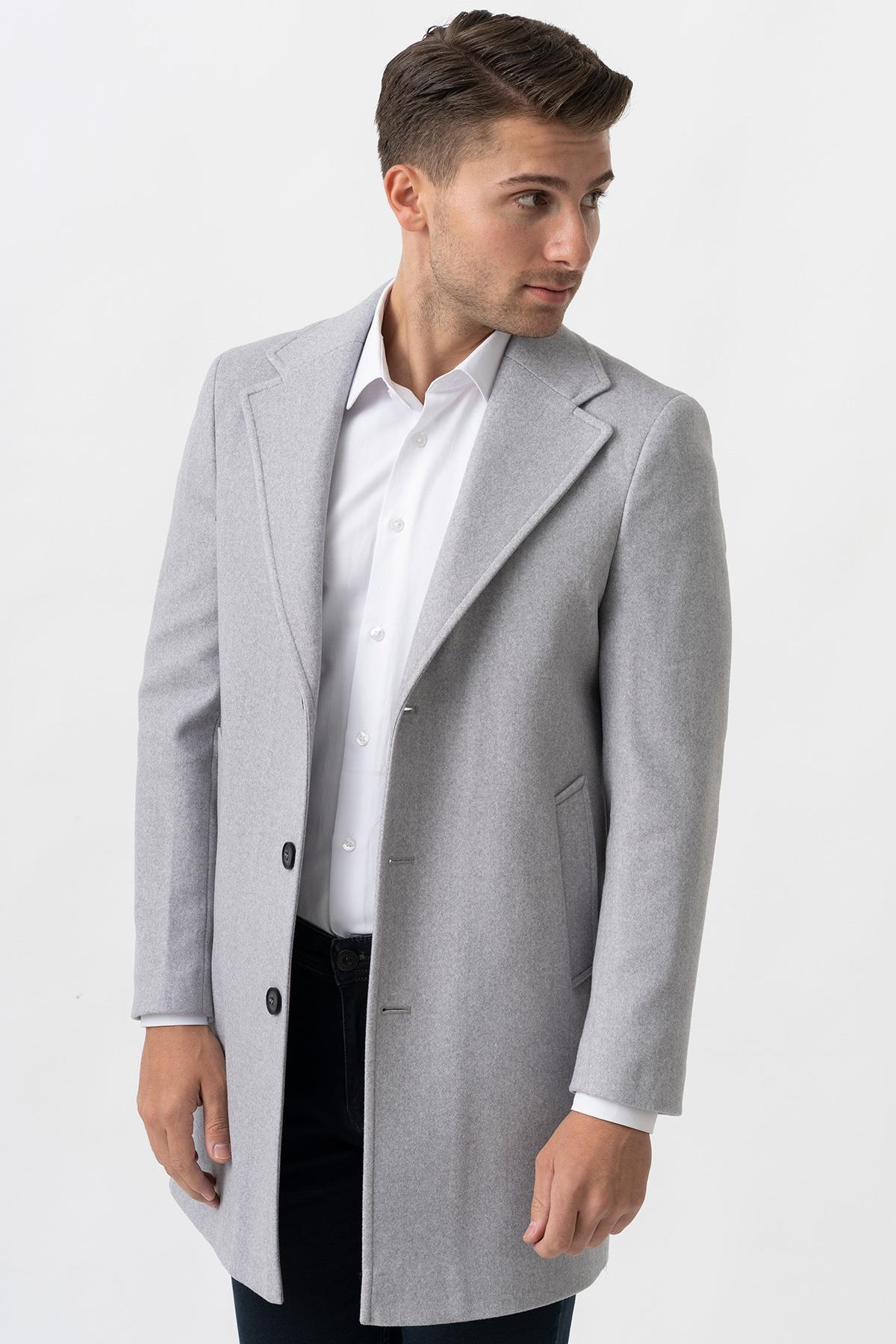 White Stone Ancona 4025-2 Düz Ceket Yaka Slim Fit Pamuklu Kaban Gri