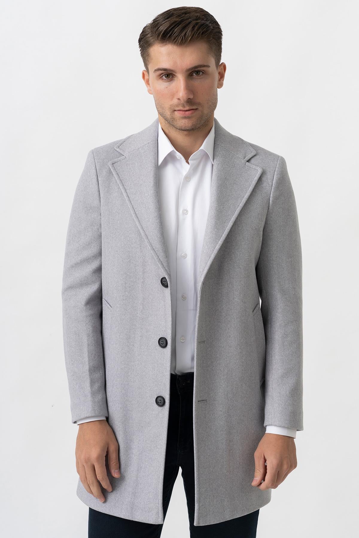 White Stone Ancona 4025-2 Düz Ceket Yaka Slim Fit Pamuklu Kaban Gri