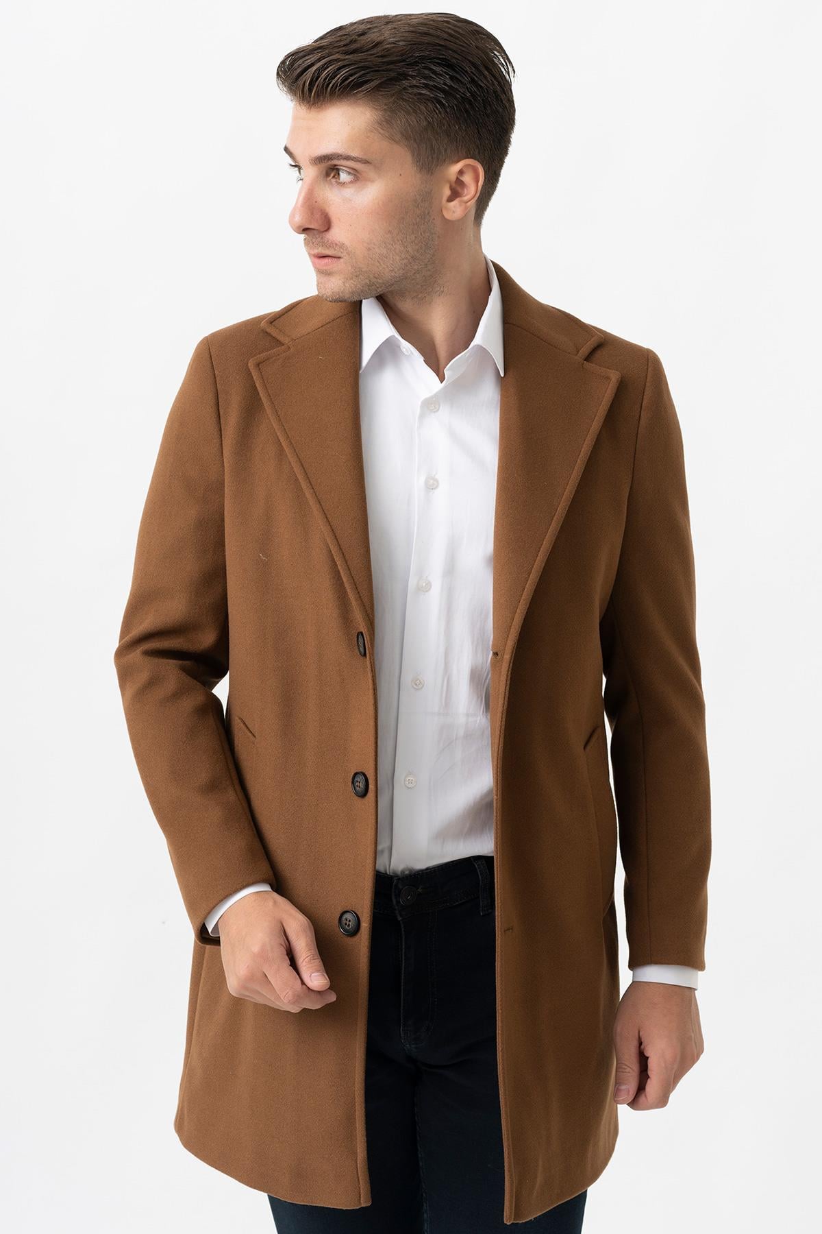 White Stone Ancona 4025-2 Düz Ceket Yaka Slim Fit Pamuklu Kaban Camel