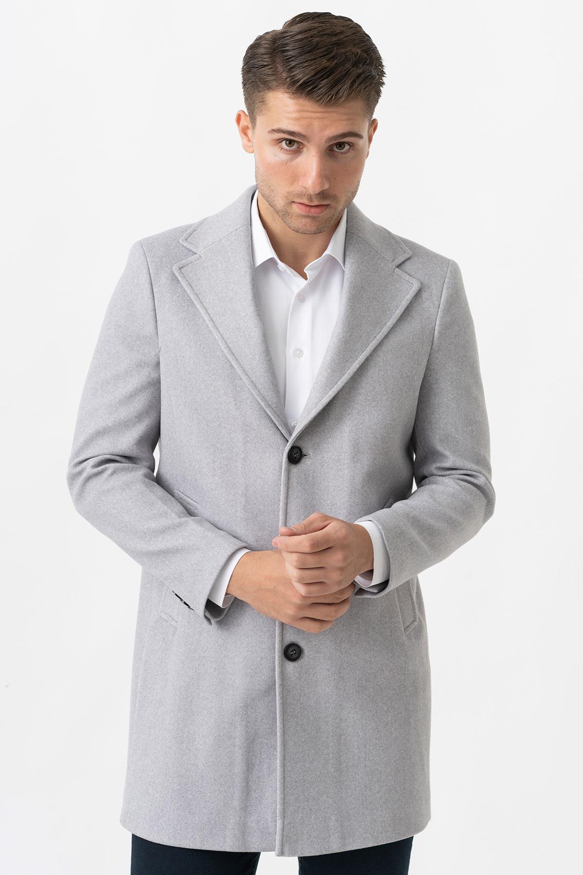 White Stone Ancona 4025-2 Düz Ceket Yaka Slim Fit Pamuklu Kaban Gri