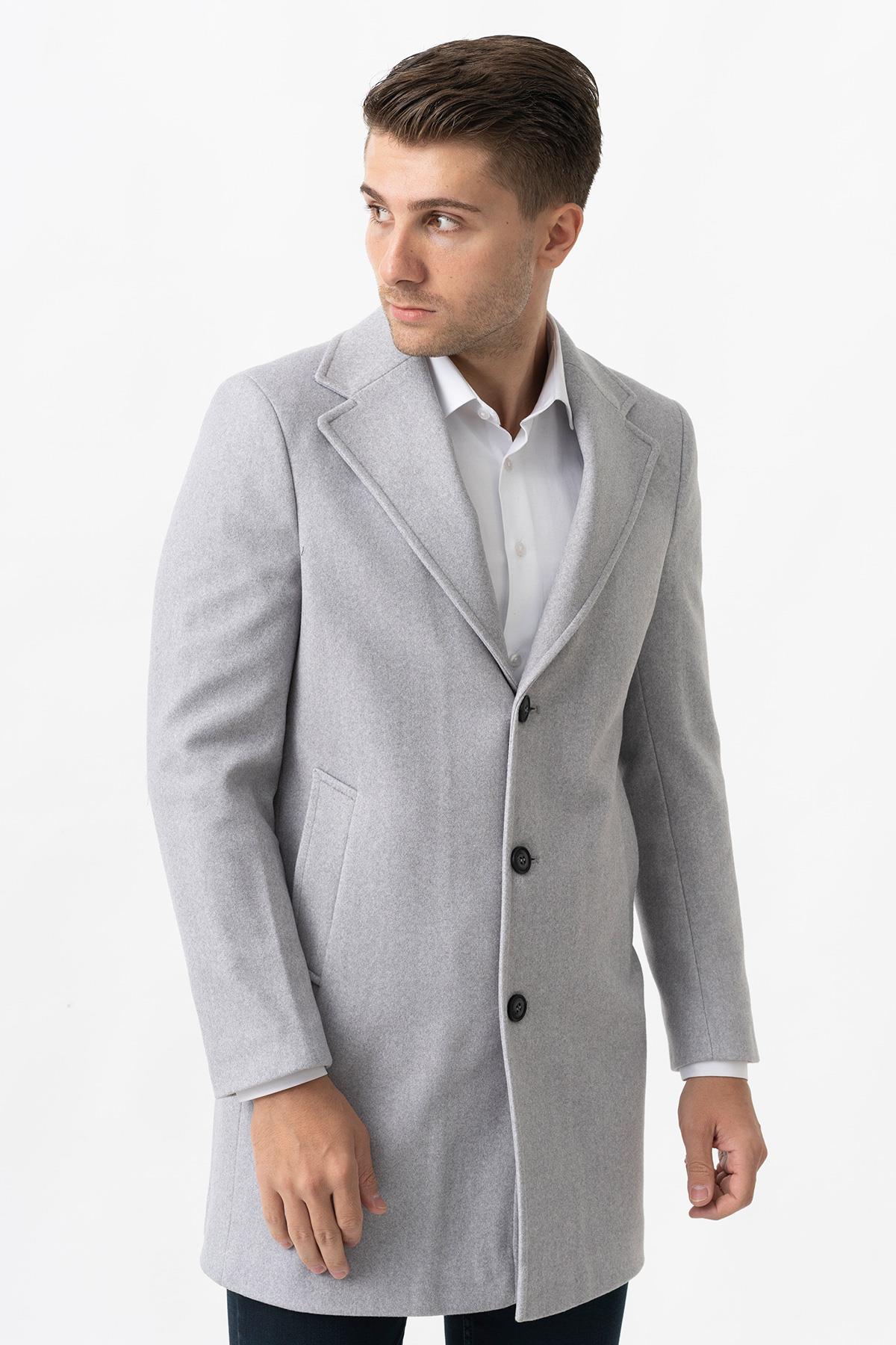 White Stone Ancona 4025-2 Düz Ceket Yaka Slim Fit Pamuklu Kaban Gri