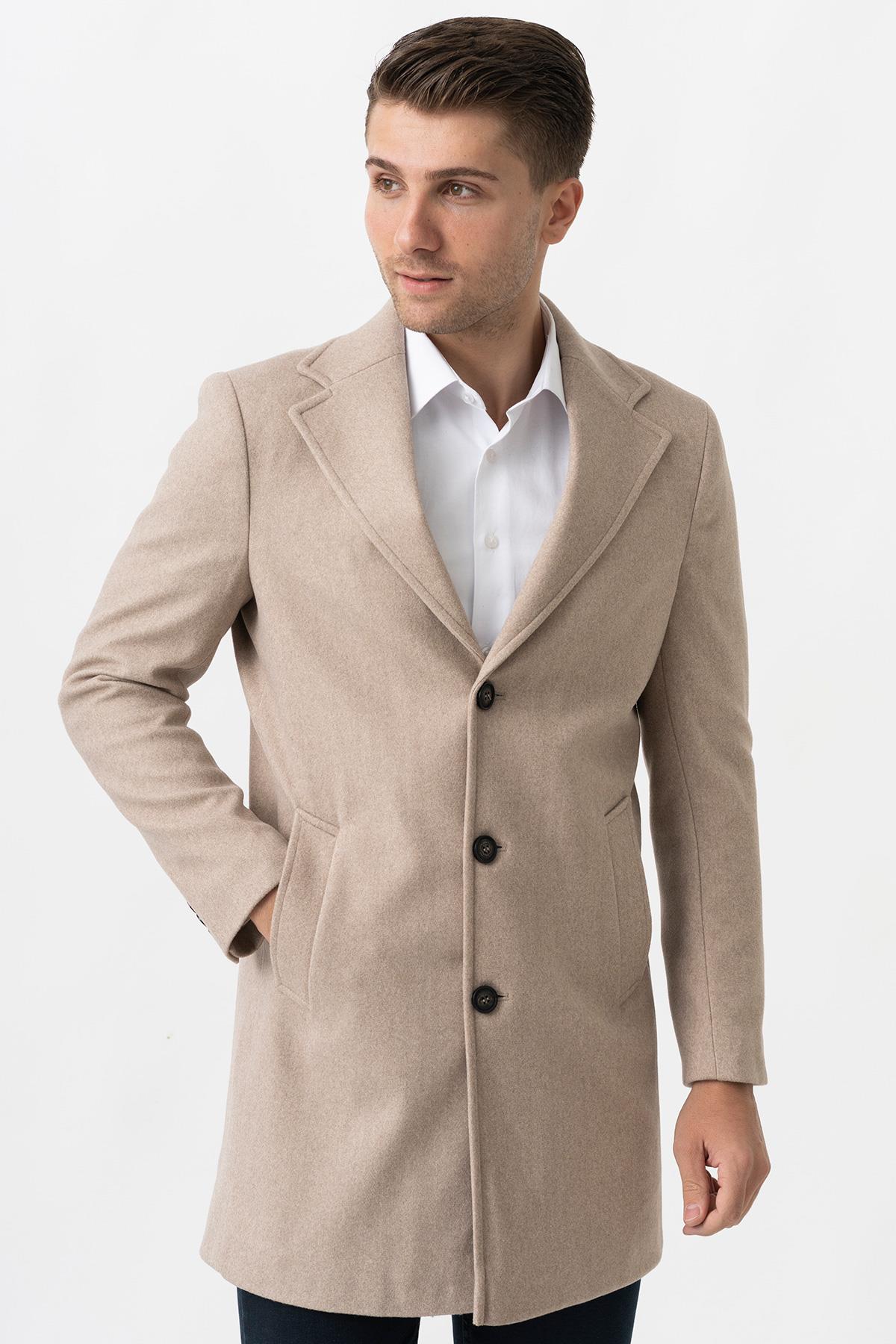 White Stone Ancona 4025-2 Düz Ceket Yaka Slim Fit Pamuklu Kaban  K.Bej