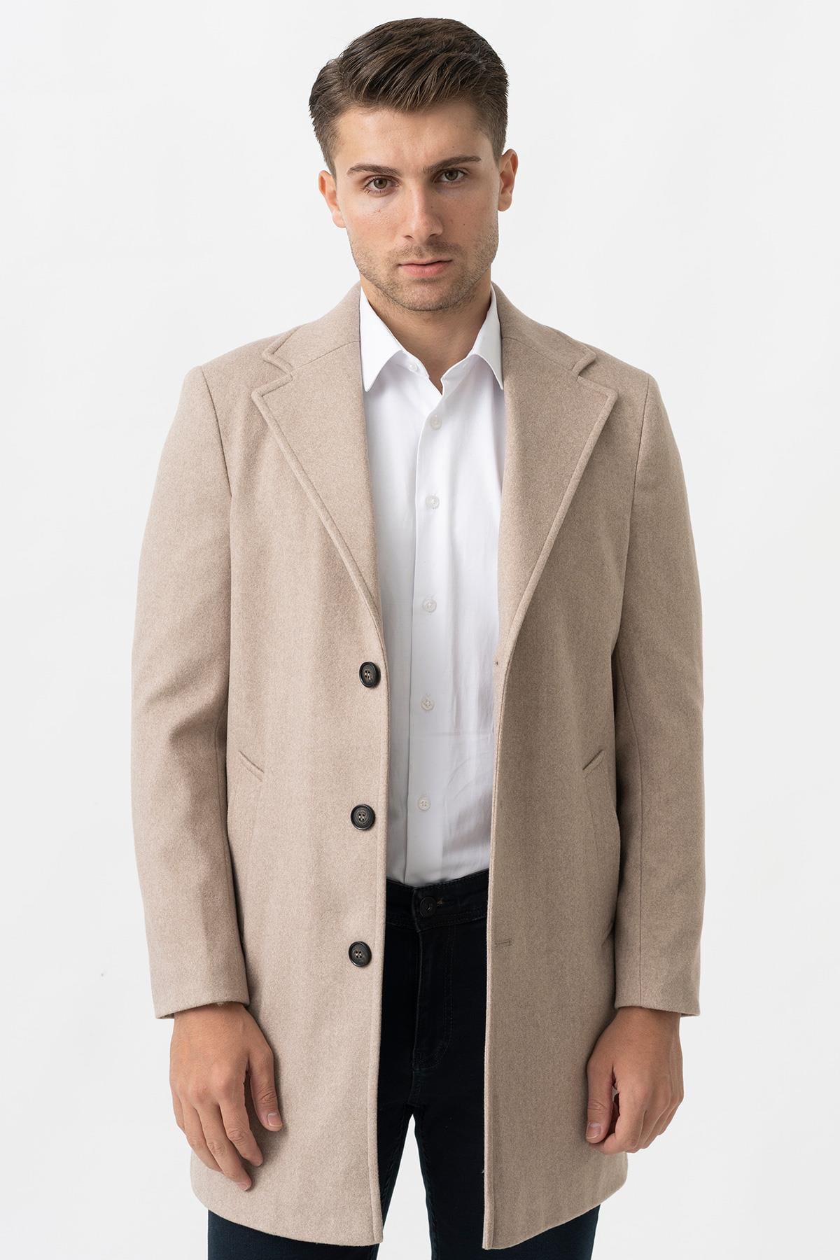 White Stone Ancona 4025-2 Düz Ceket Yaka Slim Fit Pamuklu Kaban  K.Bej