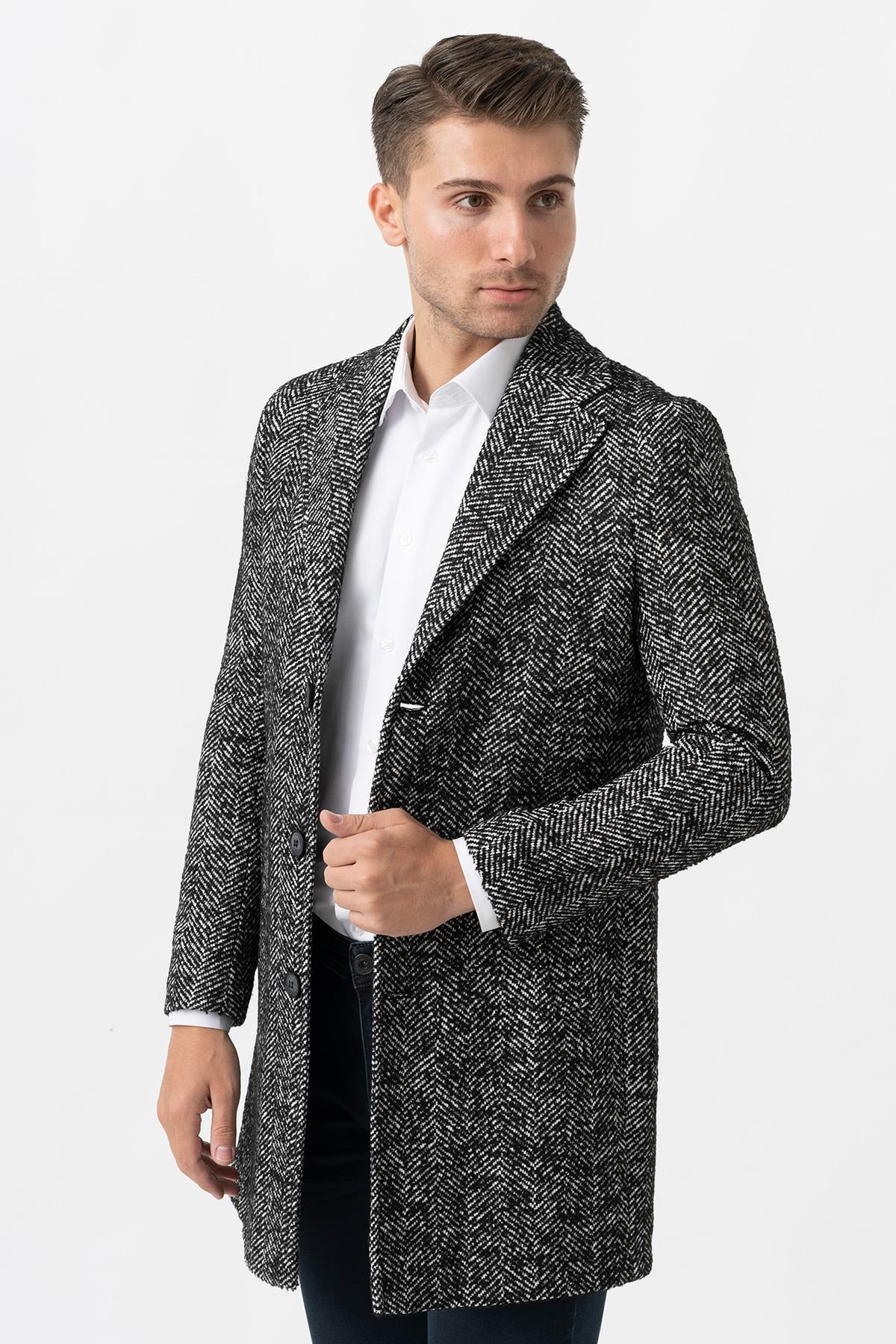 White Stone Arezzo 4025 Ceket Yaka Pamuklu Slim Fit Kaban Siyah