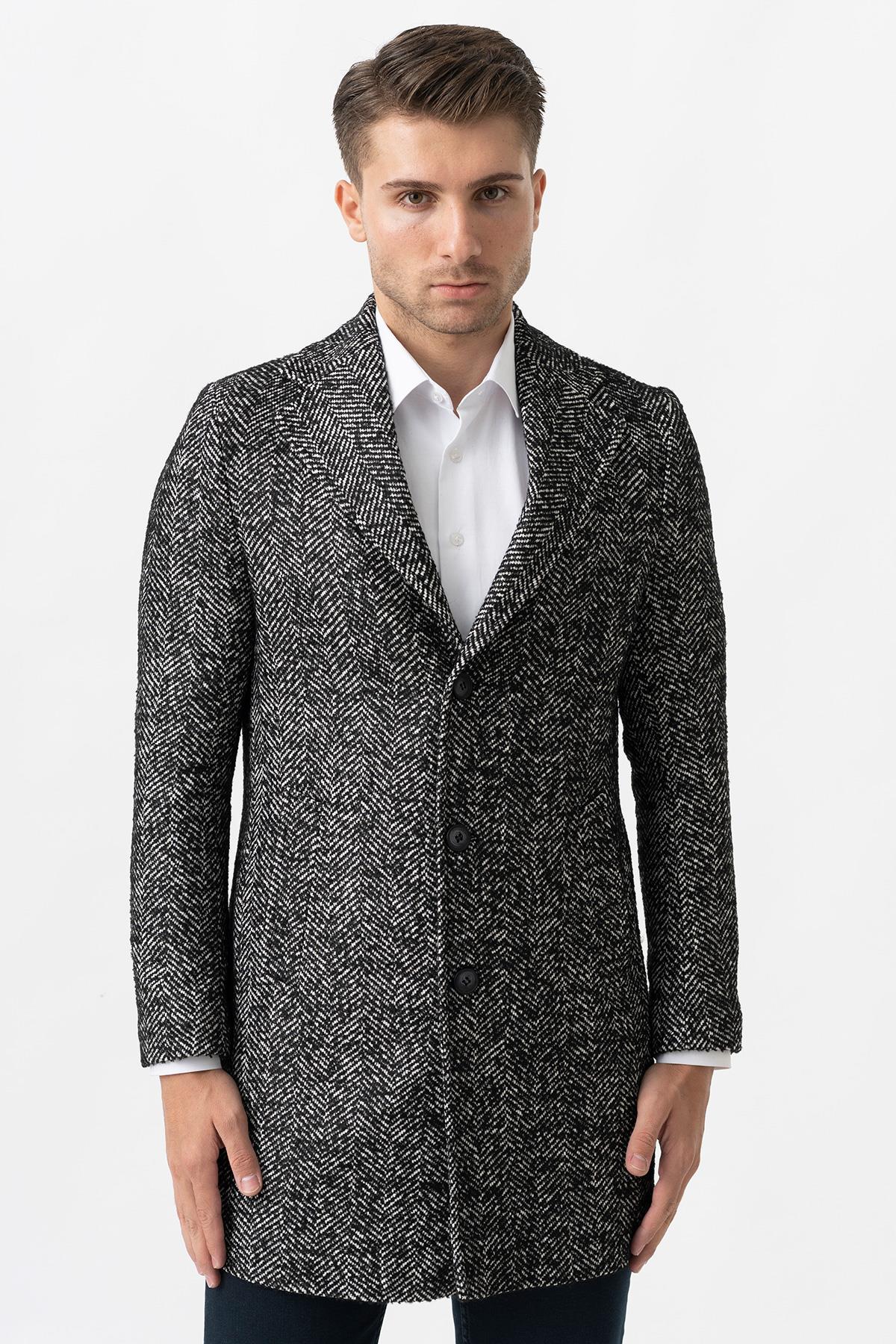 White Stone Arezzo 4025 Ceket Yaka Pamuklu Slim Fit Kaban Siyah