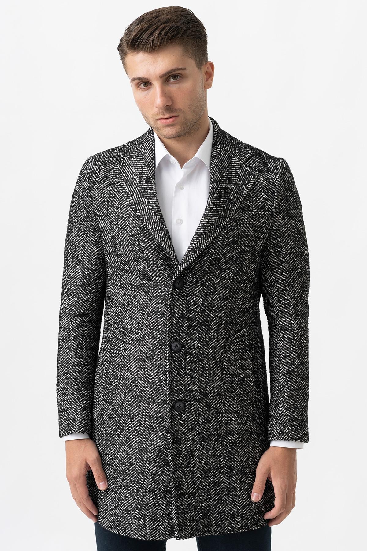 White Stone Arezzo 4025 Ceket Yaka Pamuklu Slim Fit Kaban Siyah