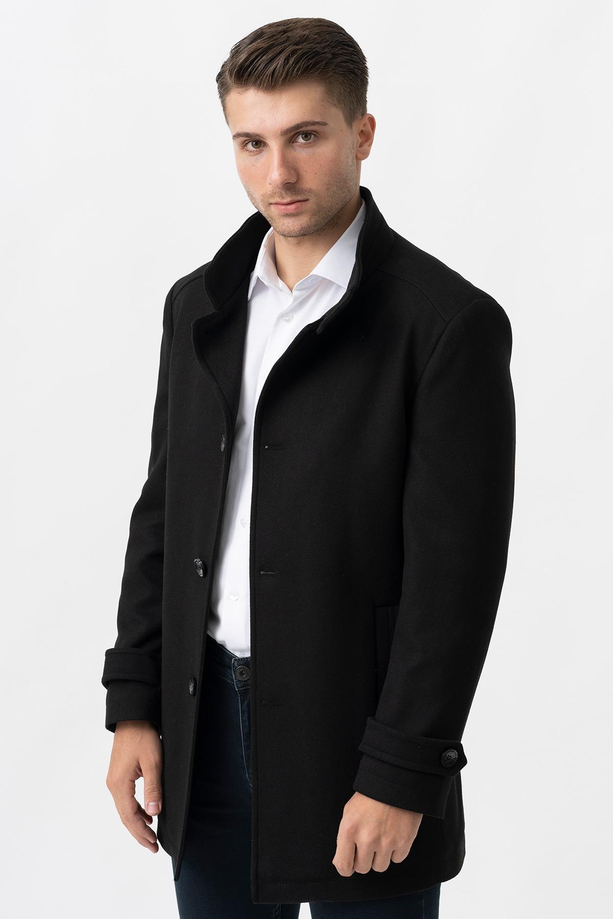 White Stone Grosseto 5061 Slim Fit Dik Yakalı Patlı Pamuklu Kaban Siyah