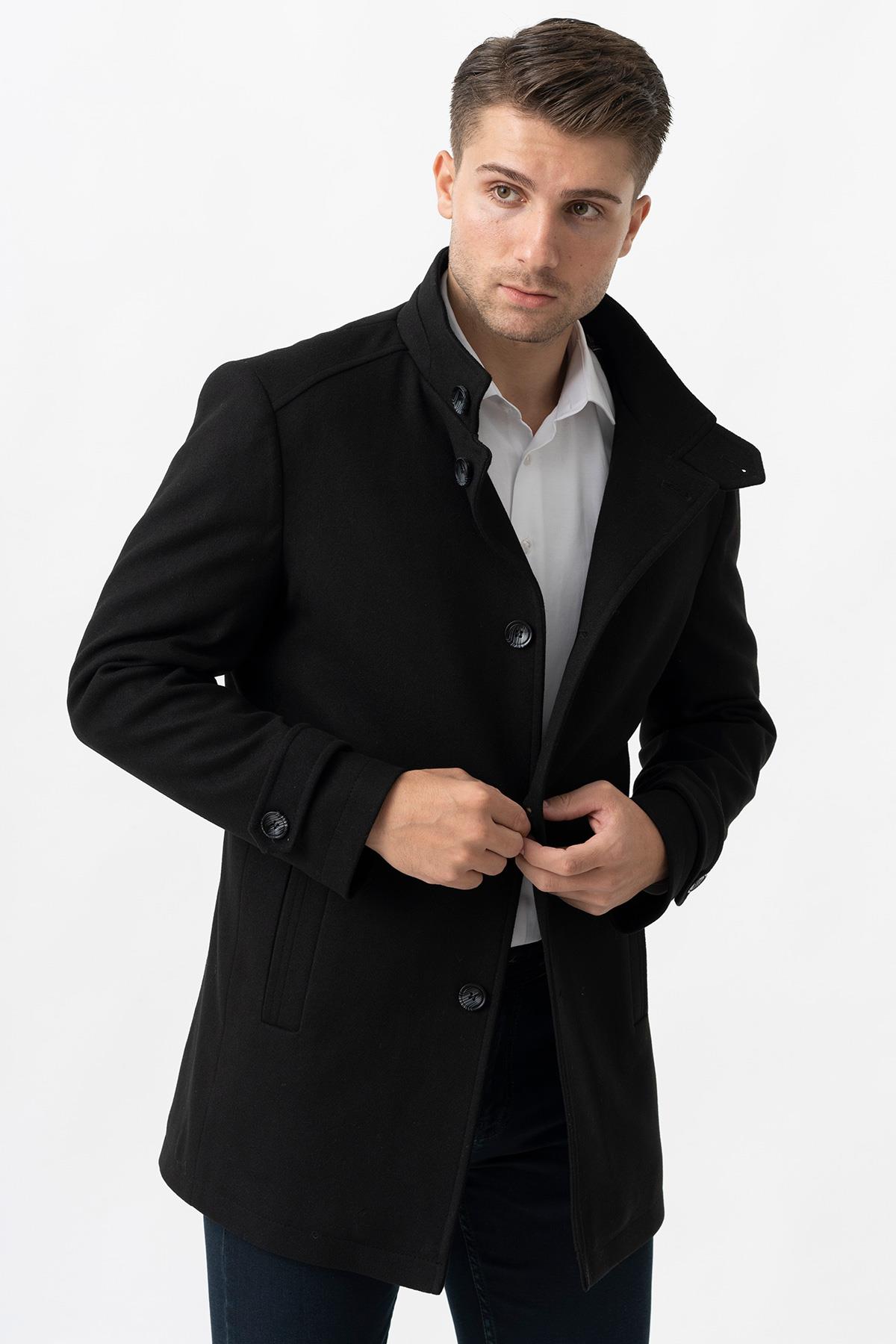 White Stone Grosseto 5061 Slim Fit Dik Yakalı Patlı Pamuklu Kaban Siyah