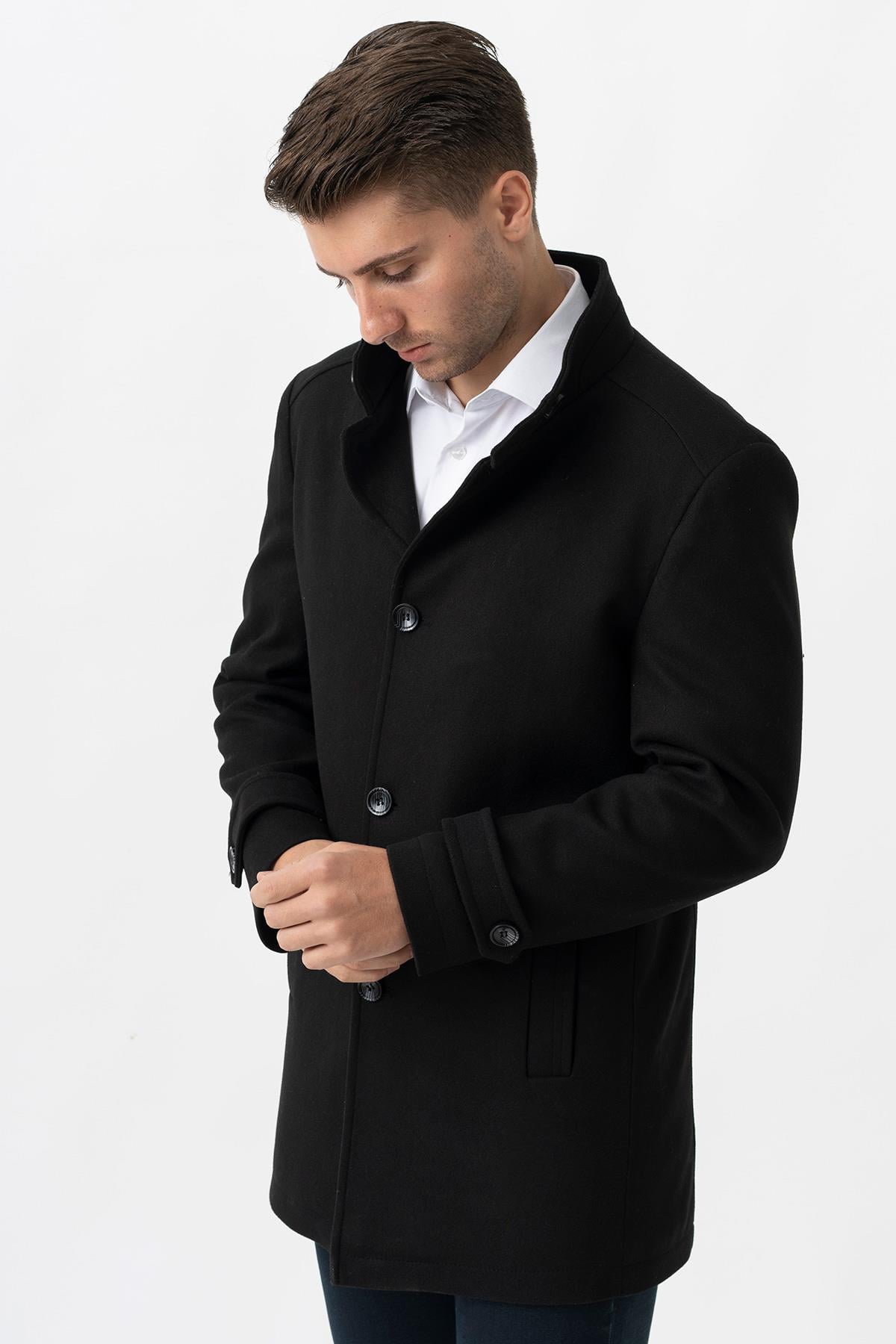 White Stone Grosseto 5061 Slim Fit Dik Yakalı Patlı Pamuklu Kaban Siyah