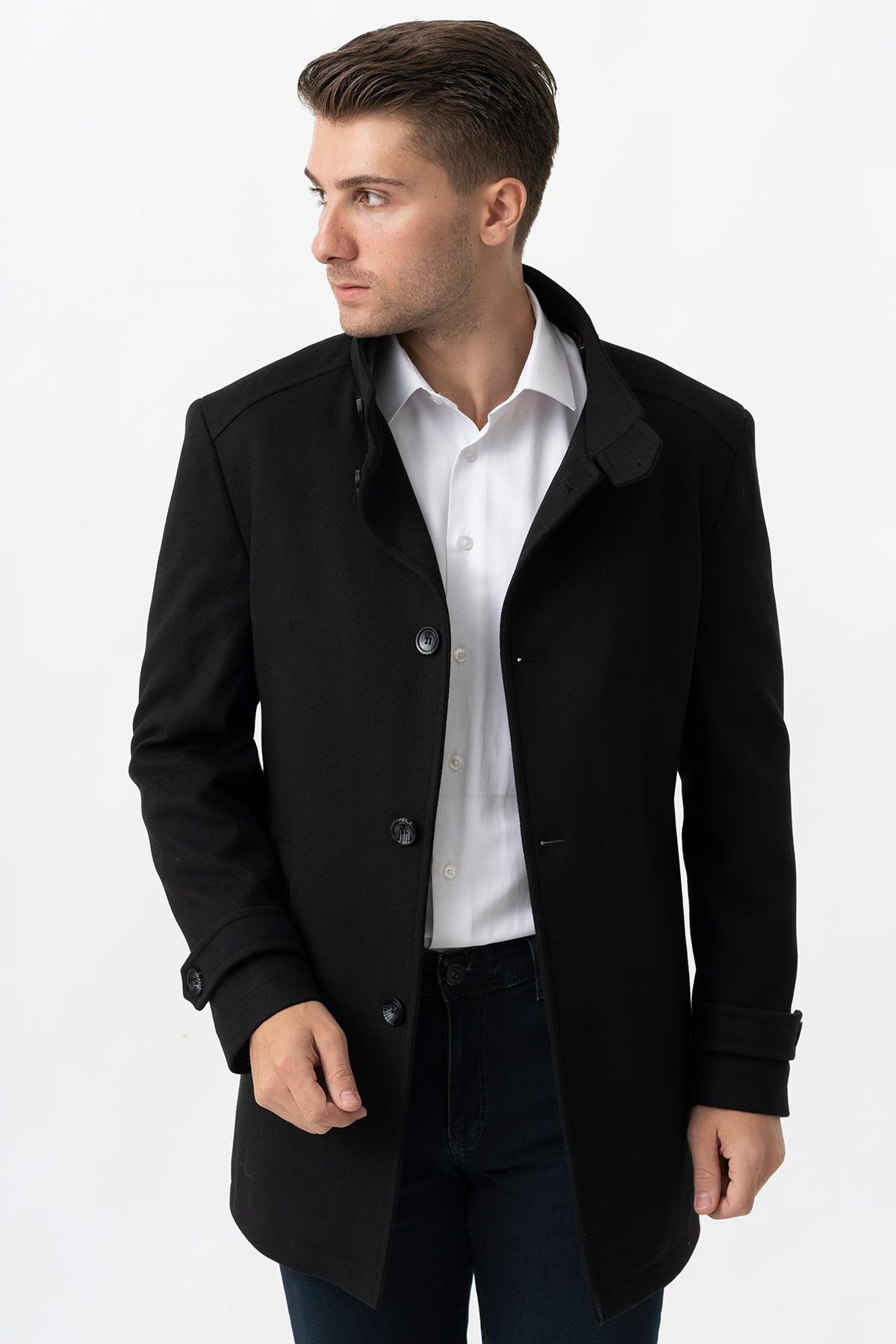 White Stone Grosseto 5061 Slim Fit Dik Yakalı Patlı Pamuklu Kaban Siyah