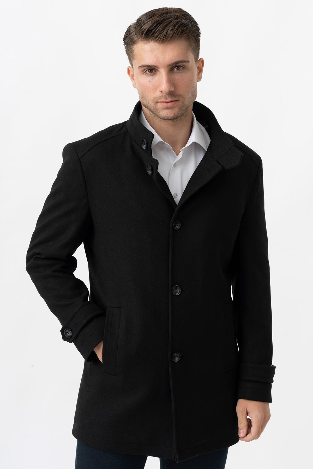 White Stone Grosseto 5061 Slim Fit Dik Yakalı Patlı Pamuklu Kaban Siyah