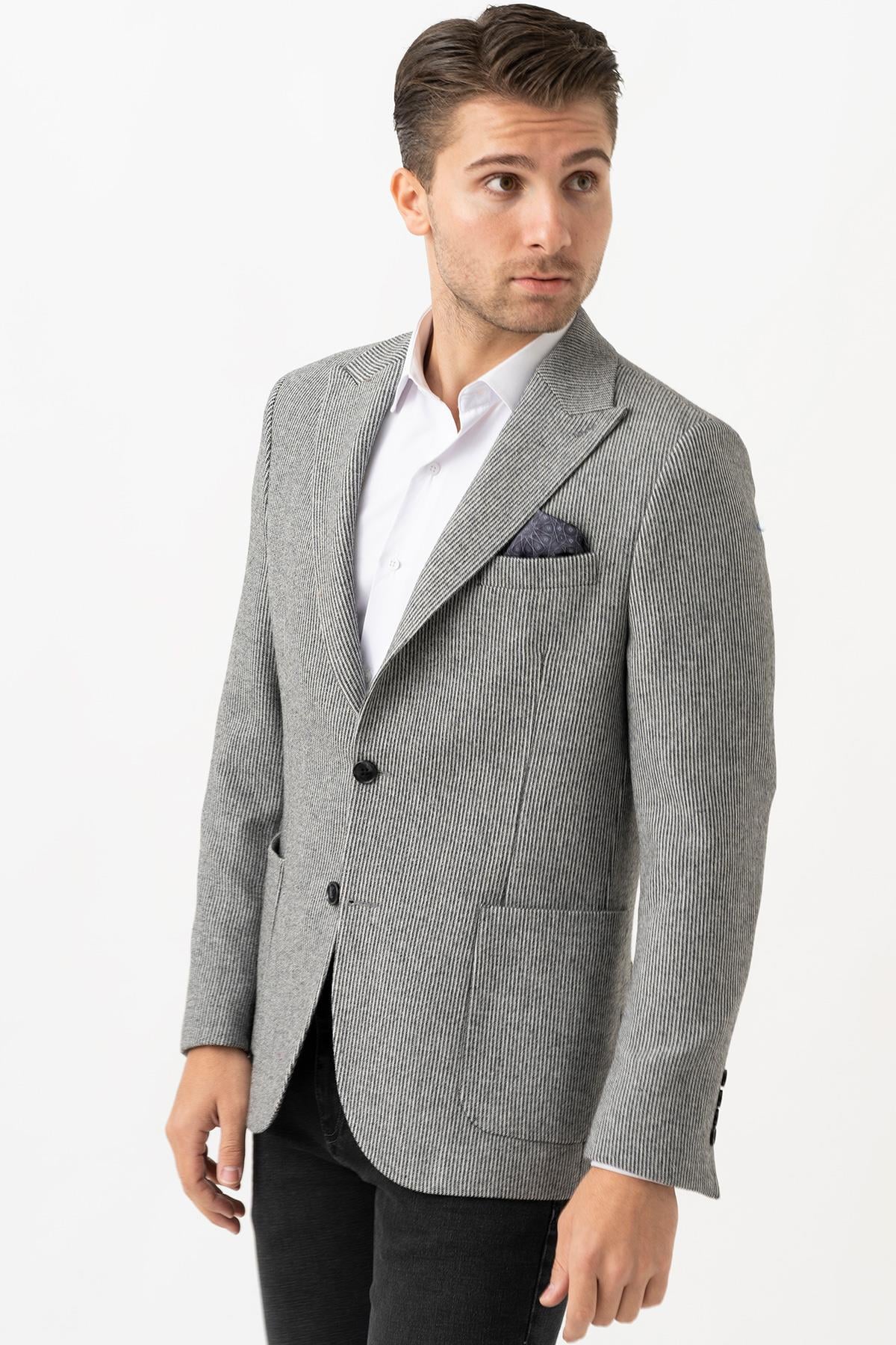 White Stone Aprilla C3027 Regular Fit 6 Drop Yünlü Likralı Ceket Desenli