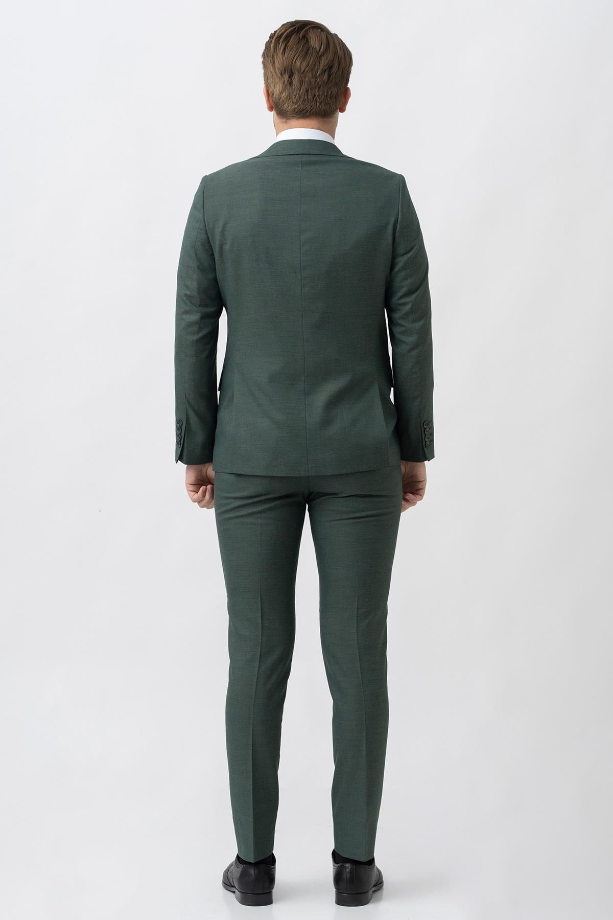 Yeşil Slim Fit Efektli Kumaşlı Kapaklı Cepli Premium Takım Elbise