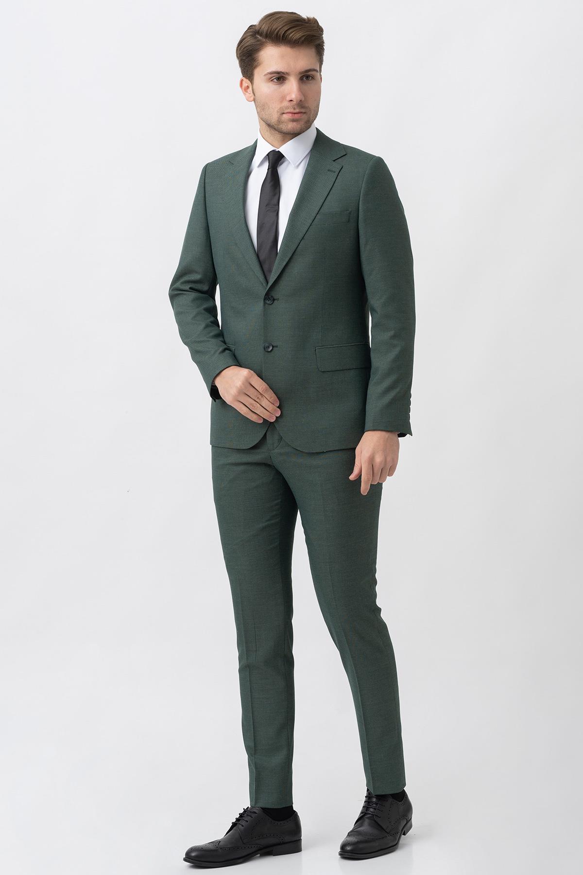 Yeşil Slim Fit Efektli Kumaşlı Kapaklı Cepli Premium Takım Elbise