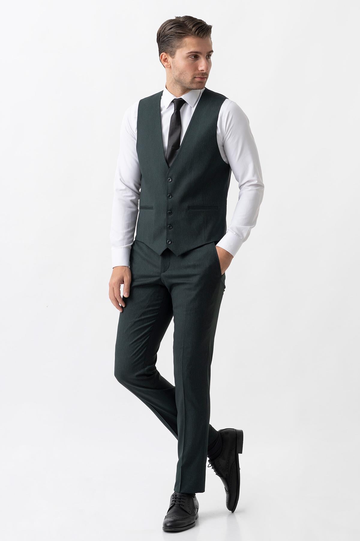Yeşil Regular Fit Yelekli Rahat Kalıp Kapaklı Cepli Premium Takım Elbise