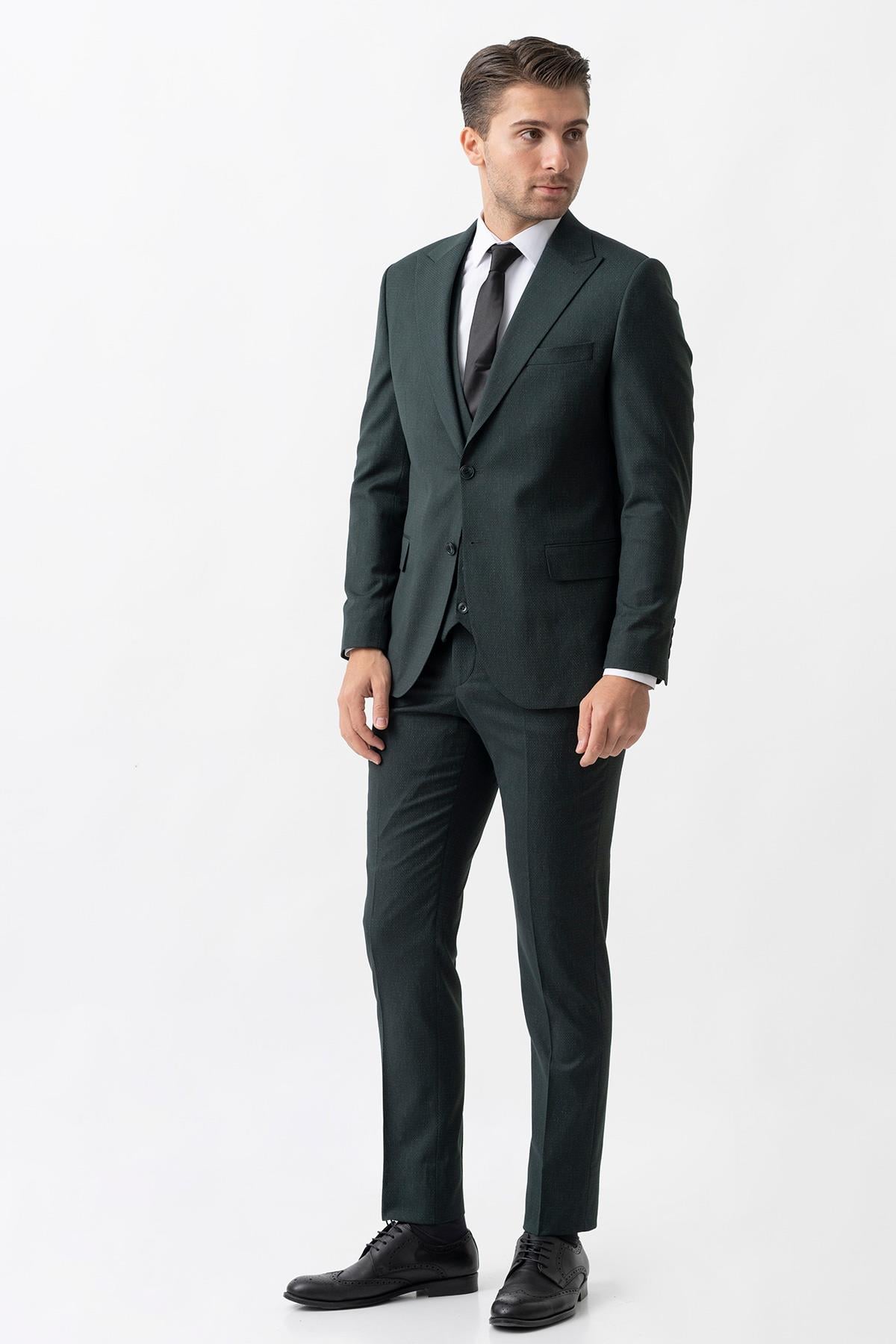 Yeşil Regular Fit Yelekli Rahat Kalıp Kapaklı Cepli Premium Takım Elbise