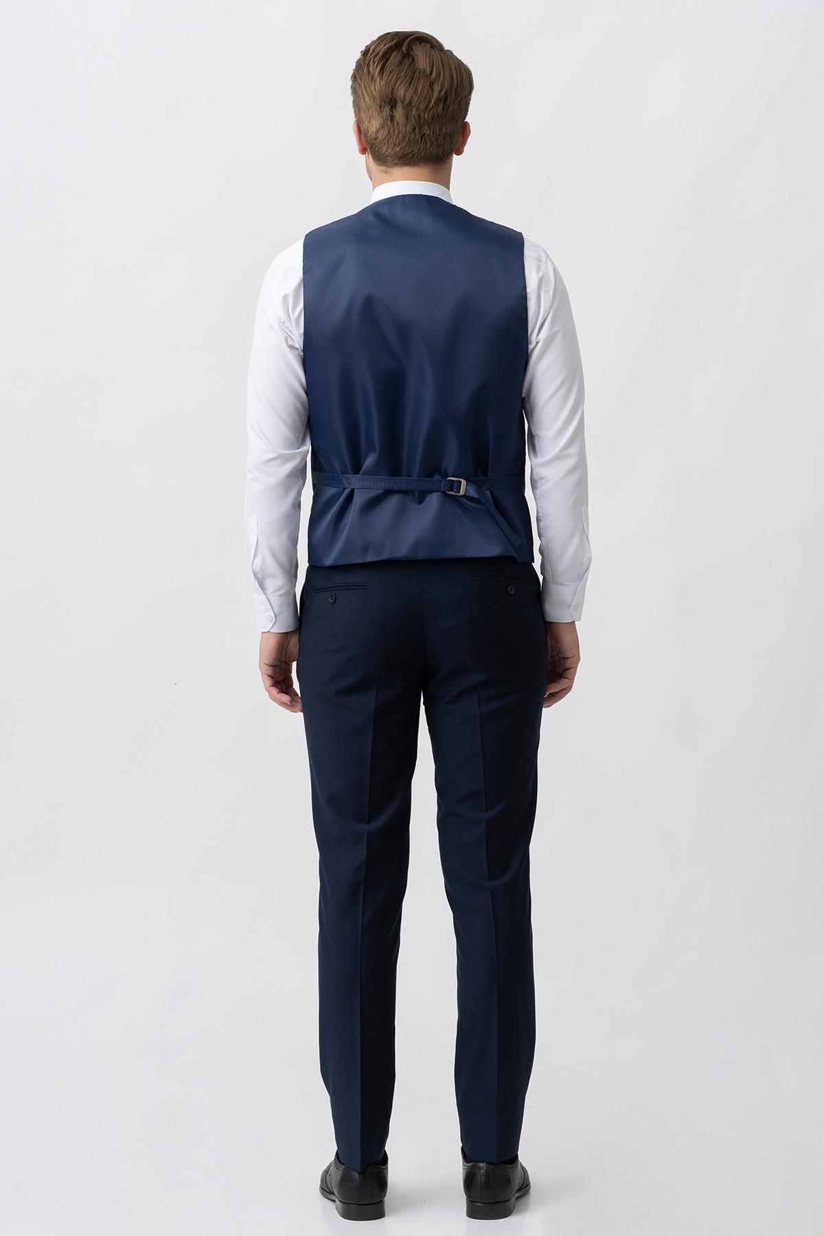 Lacivert Slim Fit Yelekli Kapaklı Cepli Premium Takım Elbise